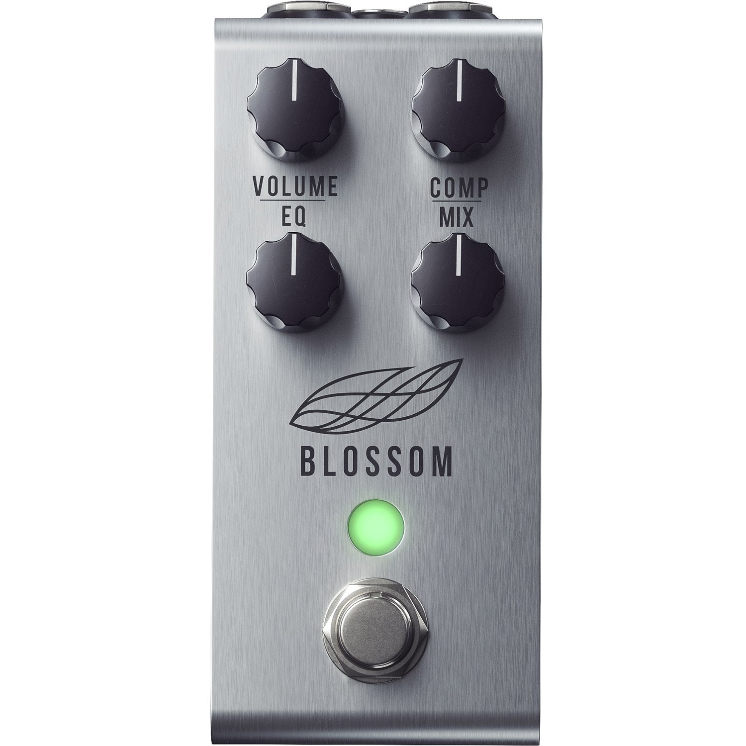 Jackson Audio Blossom Optical Compressor, Straight-on front view of the brushed silver Blossom enclosure showing the Volume, Comp, Blend, and EQ knobs.