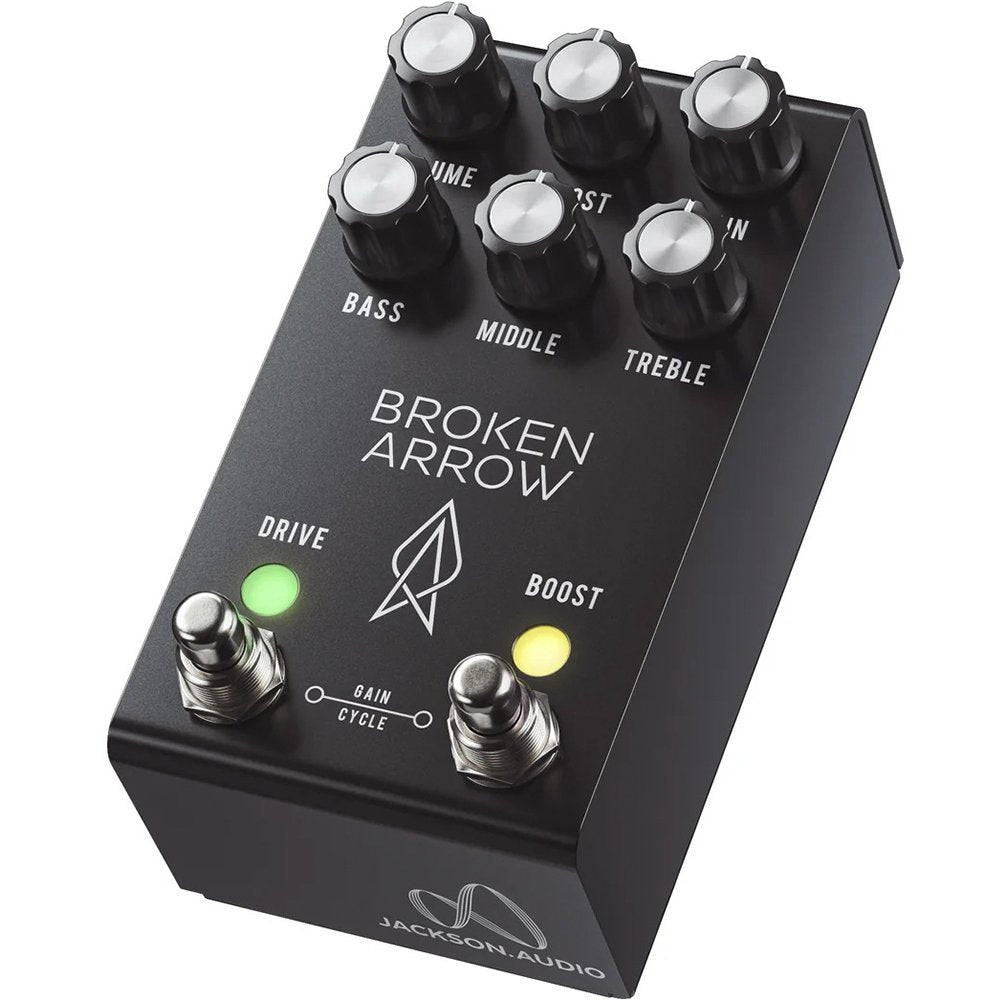 Jackson Audio Broken Arrow V2 MIDI Overdrive with Boost, Angled three-quarter view of the black Broken Arrow V2 enclosure showing the top panel and control layout.