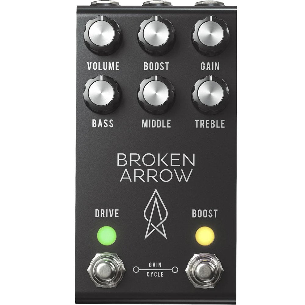 Jackson Audio Broken Arrow V2 MIDI Overdrive with Boost, Straight-on front view of the black Broken Arrow V2 enclosure showing the Volume, Boost, Gain, and EQ controls.