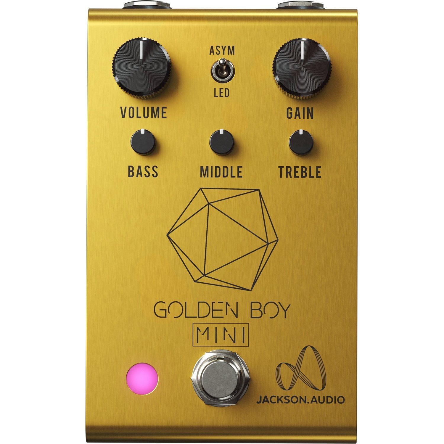 Jackson Audio Golden Boy Mini Transparent Overdrive, Straight-on front view of the gold Golden Boy Mini enclosure showing the Gain knob, EQ controls, and clipping selector.