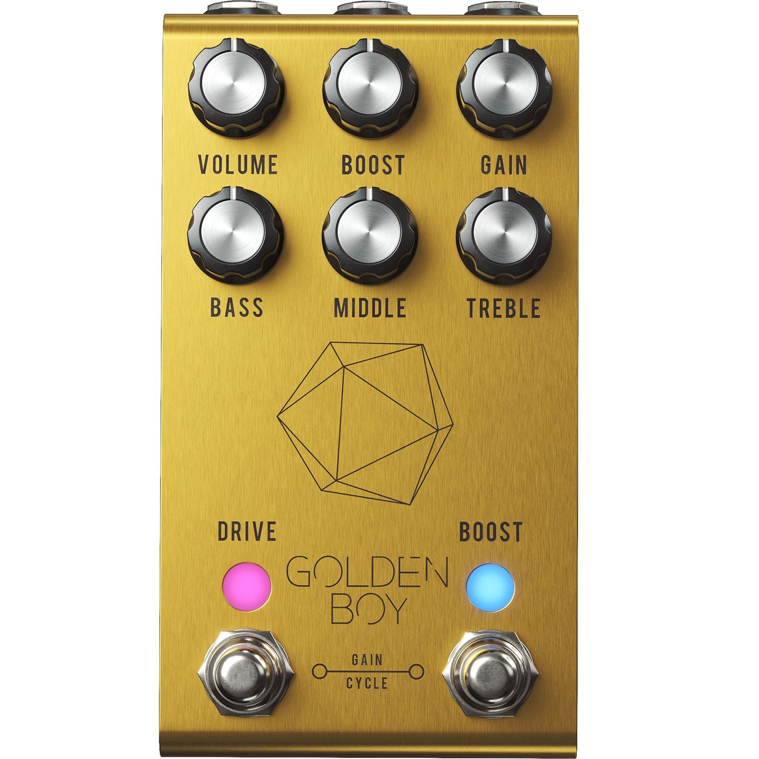 Jackson Audio Golden Boy MIDI Transparent Overdrive, Straight-on front view of the gold Golden Boy enclosure showing the Volume, Boost, Gain, and EQ controls.