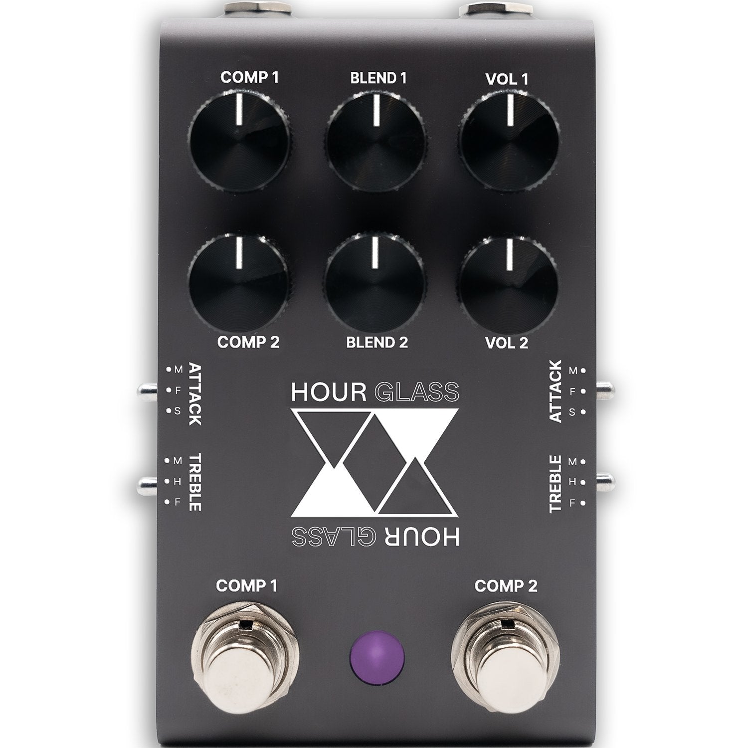 Jackson Audio Hour Glass Analog Dual Compressor Pedal, Straight-on front view of the black Hour Glass enclosure showing dual Comp, Blend, and Vol knobs for both compressor circuits.