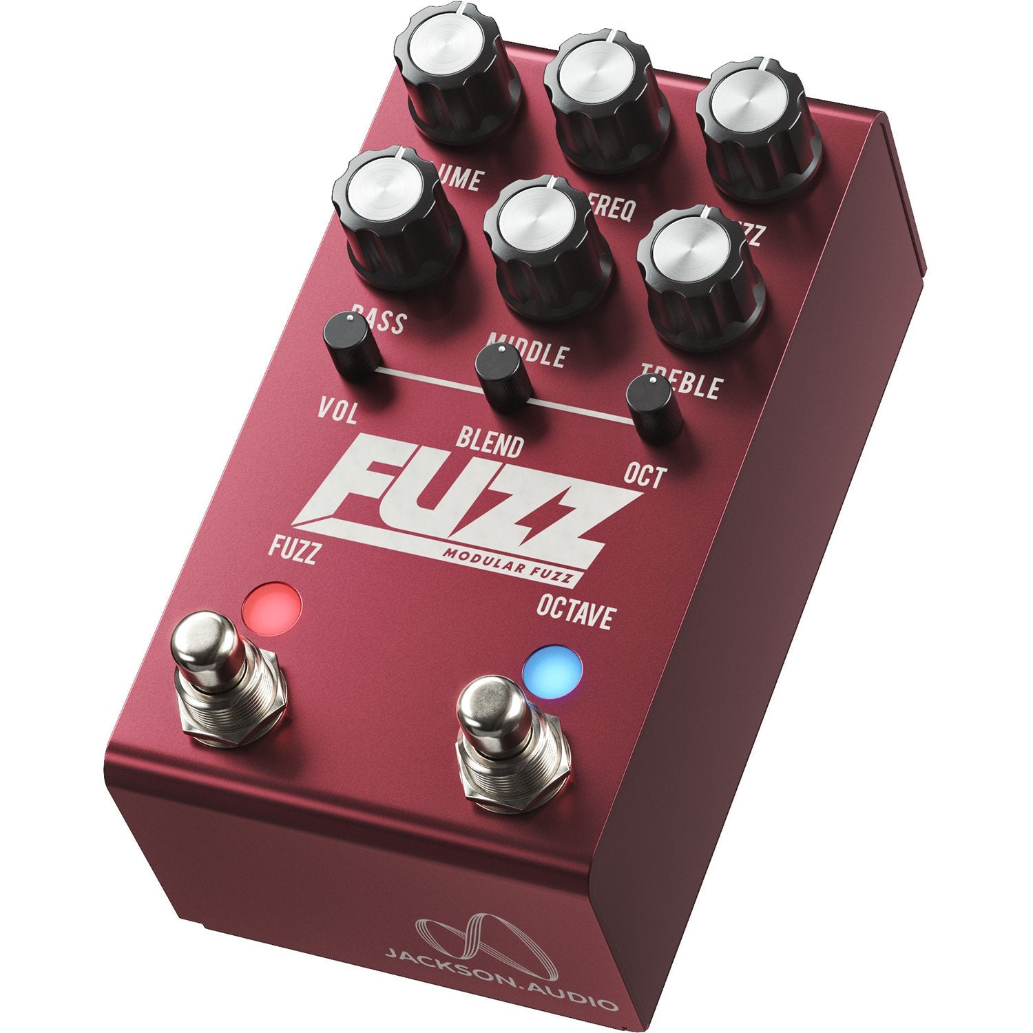 Jackson Audio Modular Fuzz with 6 Swappable Circuits, Angled three-quarter view of the red Modular Fuzz enclosure showing the top panel and swappable module bay.