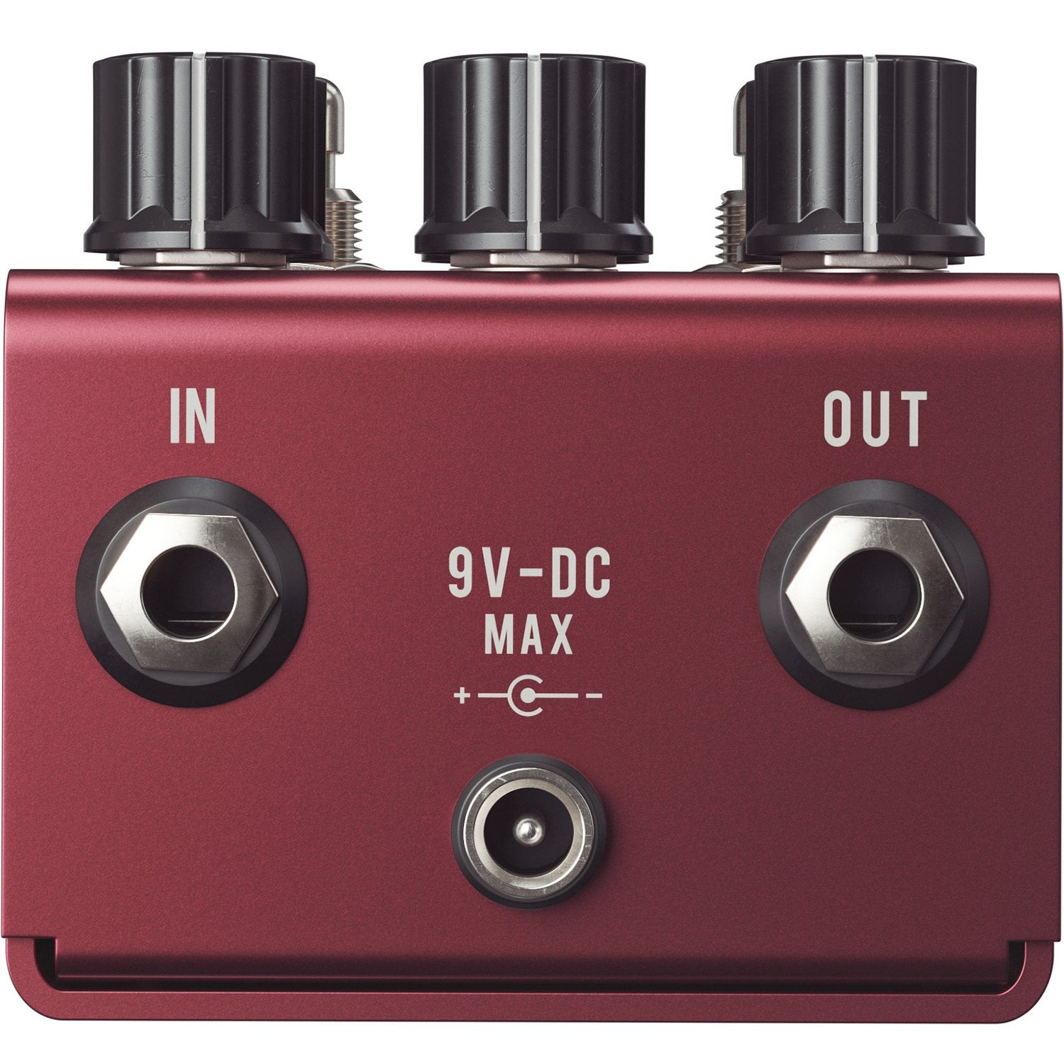 Jackson Audio Modular Fuzz with 6 Swappable Circuits, Rear/top view of the Modular Fuzz showing the top-mounted connections: In, Out, and 9V DC.