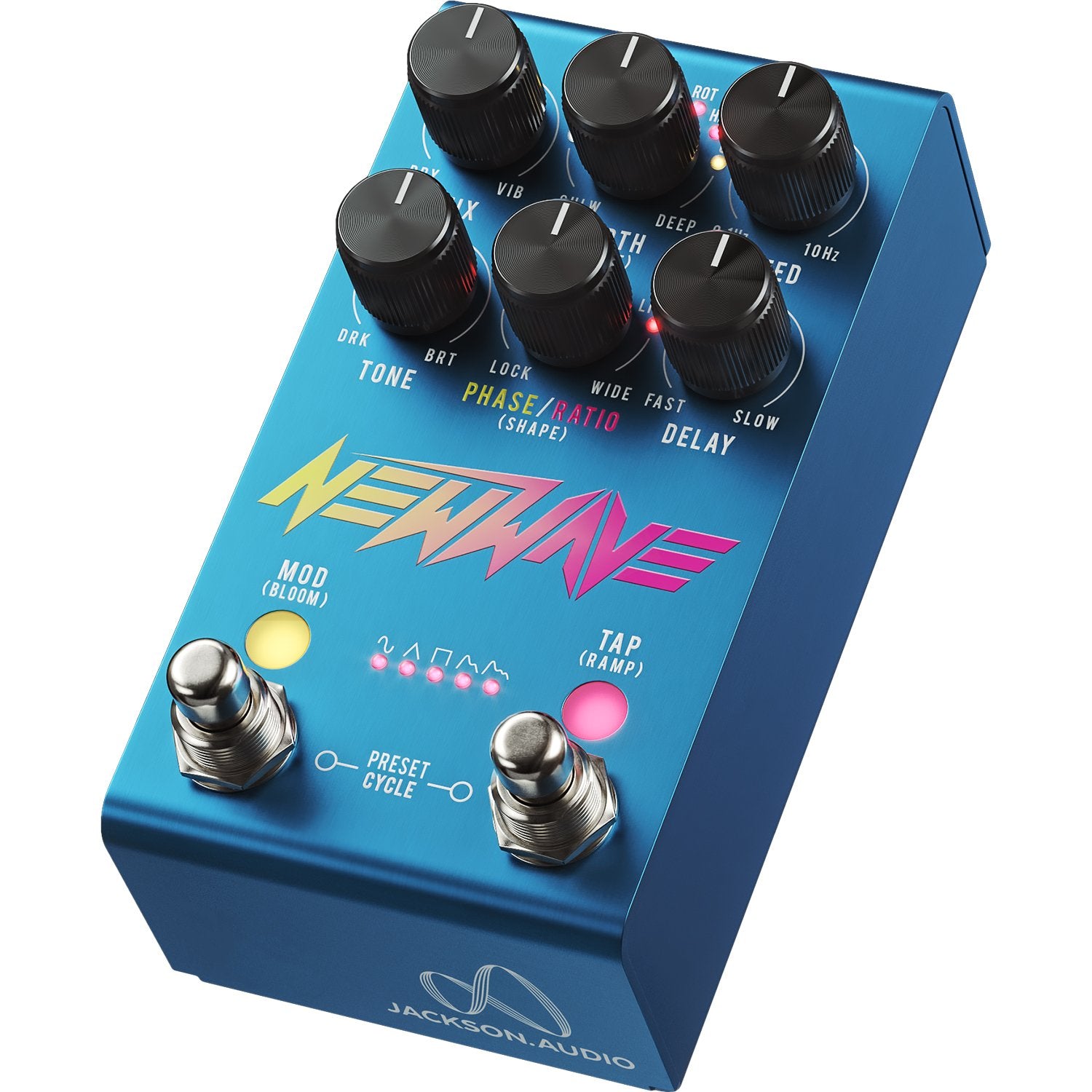 Jackson Audio New Wave Analog Chorus/Vibrato Pedal, Angled three-quarter view of the blue New Wave enclosure showing the top panel and front face together.