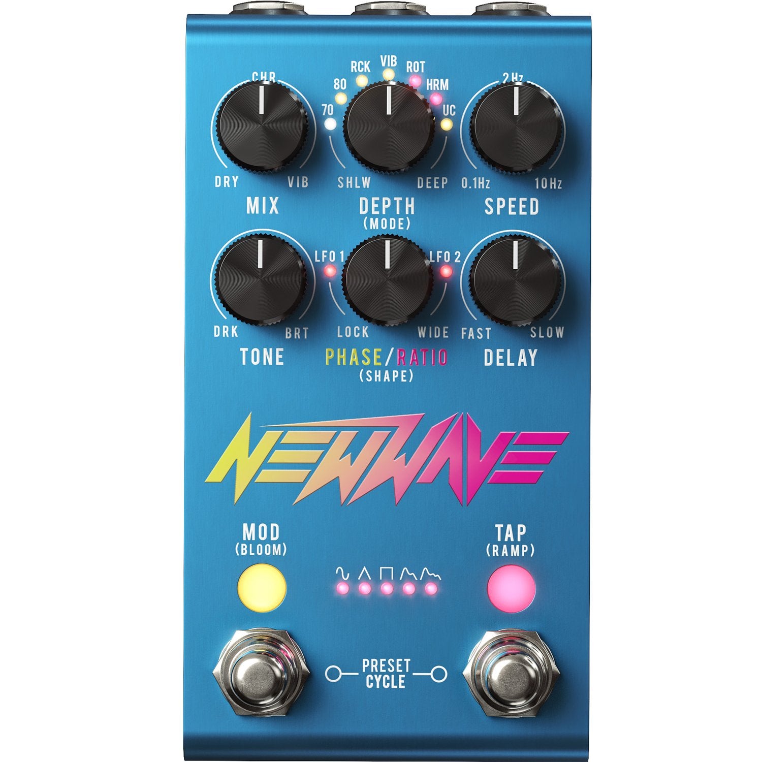 Jackson Audio New Wave Analog Chorus/Vibrato Pedal, Straight-on front view of the blue New Wave enclosure showing Mix, Depth, Speed, Tone, Phase/Ratio, and Delay knobs with Mod and Tap footswitches.