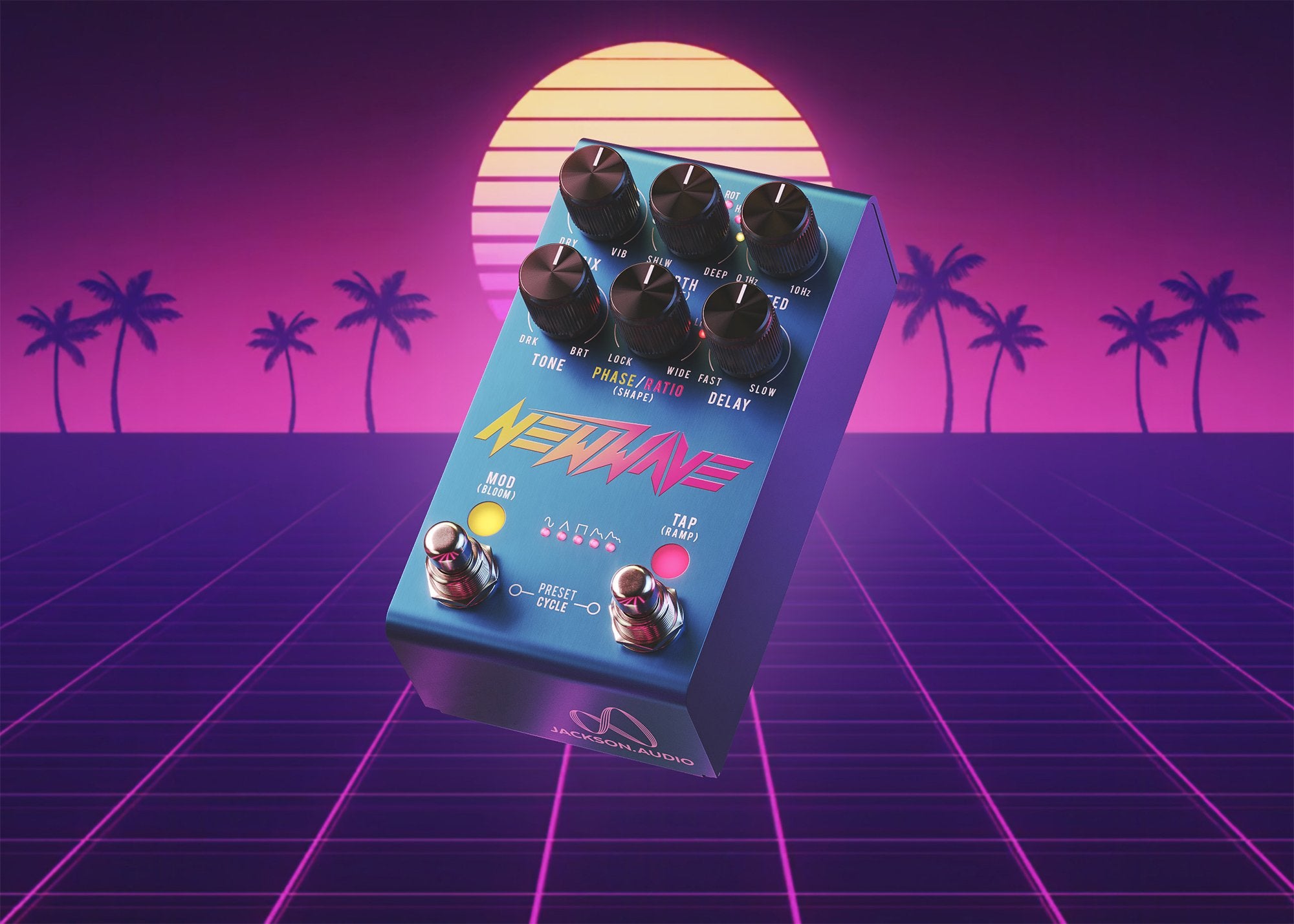 Jackson Audio New Wave Analog Chorus/Vibrato Pedal, Synthwave-style lifestyle graphic for the New Wave chorus/vibrato pedal with retro sunset and grid artwork.