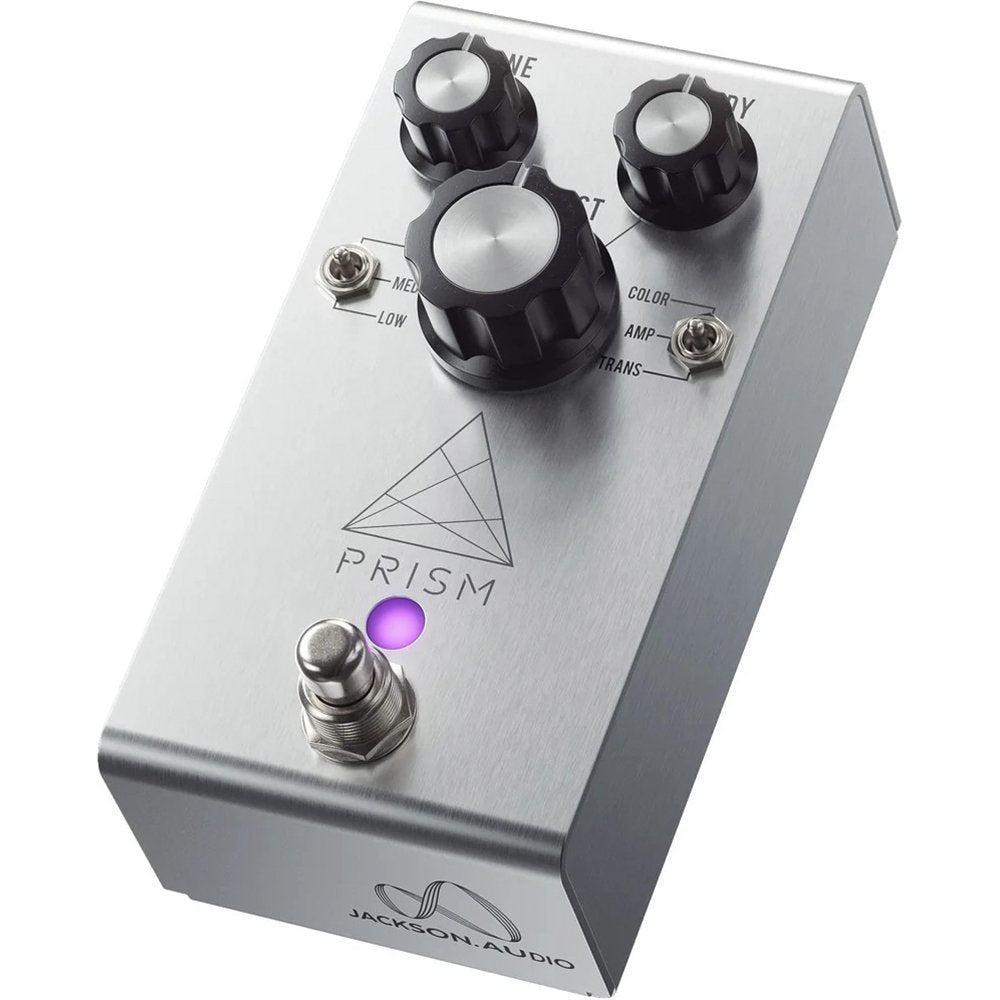 Jackson Audio Prism Buffer/Boost/Preamp/EQ Pedal, Angled three-quarter view of the brushed silver Prism enclosure showing the top panel and control layout.