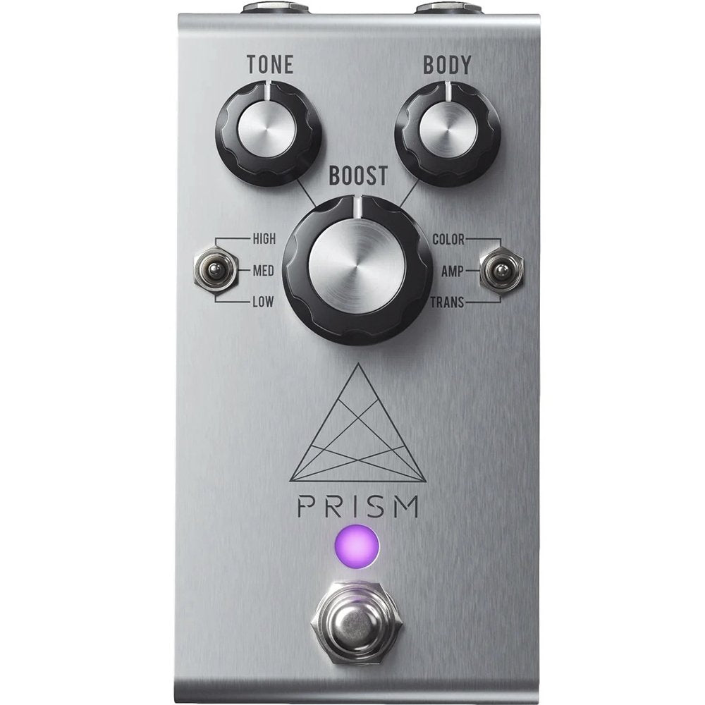 Jackson Audio Prism Buffer/Boost/Preamp/EQ Pedal, Straight-on front view of the brushed silver Prism enclosure showing the Tone, Body, Boost controls and Pre Gain/Circuit Select switches.