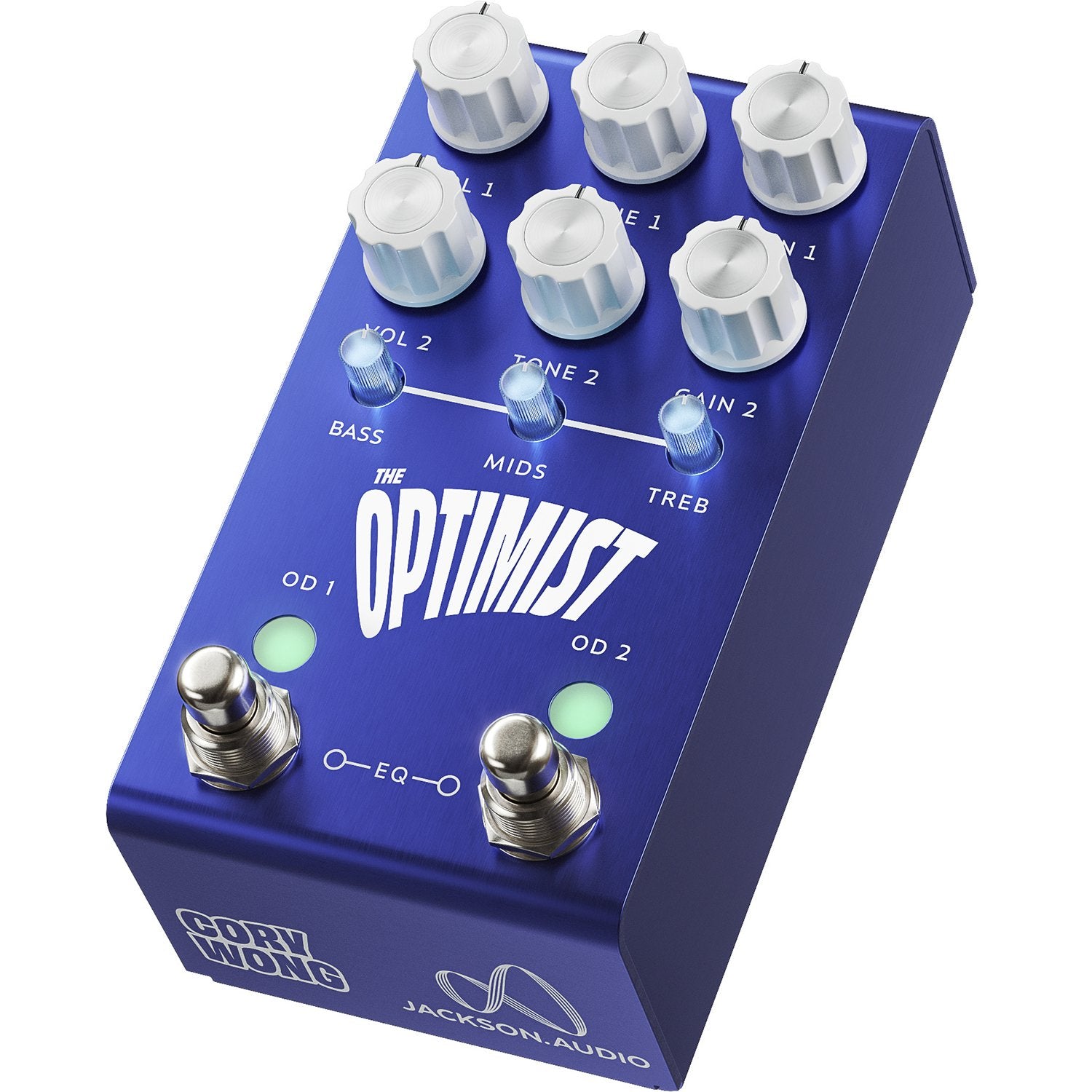 Jackson Audio The Optimist Cory Wong Signature Dual Overdrive, Angled three-quarter view of the blue Optimist enclosure showing the top panel and control layout together.