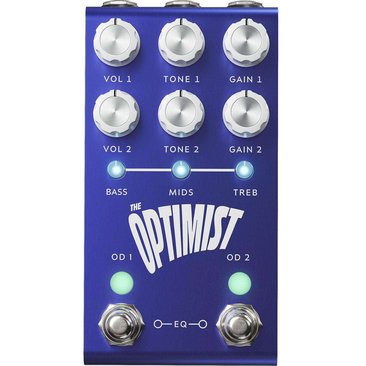 Jackson Audio The Optimist Cory Wong Signature Dual Overdrive, Straight-on front view of the blue Optimist enclosure showing the OD1 and OD2 footswitches and 3-band EQ controls.
