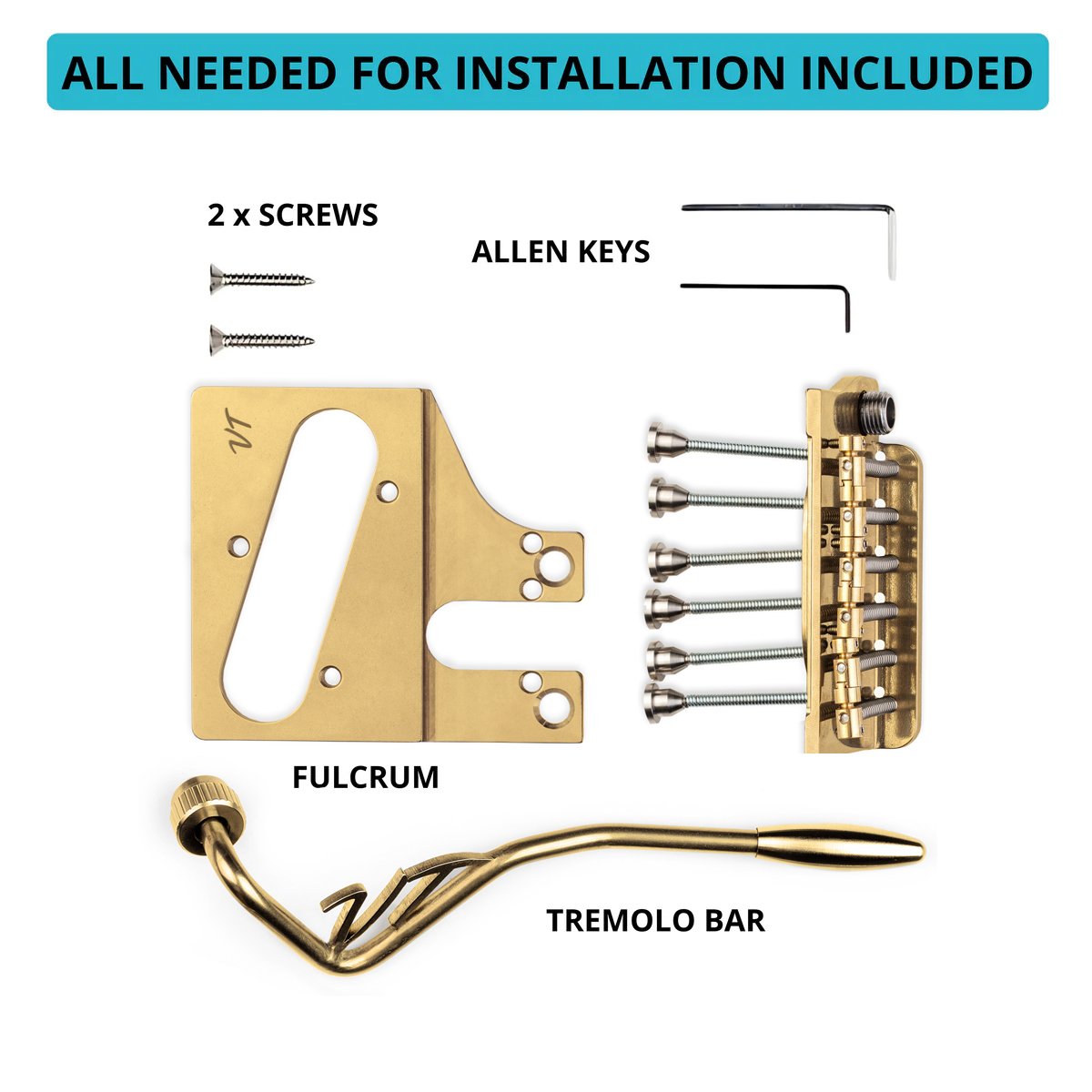 Vega-Trem VT2ND TeleTrem Modern Gold — No-Drill Tremolo for Telecaster-Style Guitars (Modern 66 mm Layout), Patented 3-Pair Independent Brass Saddles, Tension-Adjustable