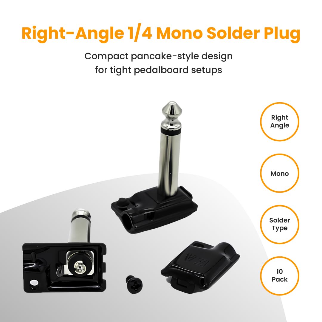 vidence Audio ESP 1/4″ Right Angle Mono Plug (10 Pack) – Soldered Pancake Style TS Connector for 5mm Cable, High Copper Brass, Low Profile Pedalboard Audio Plug
