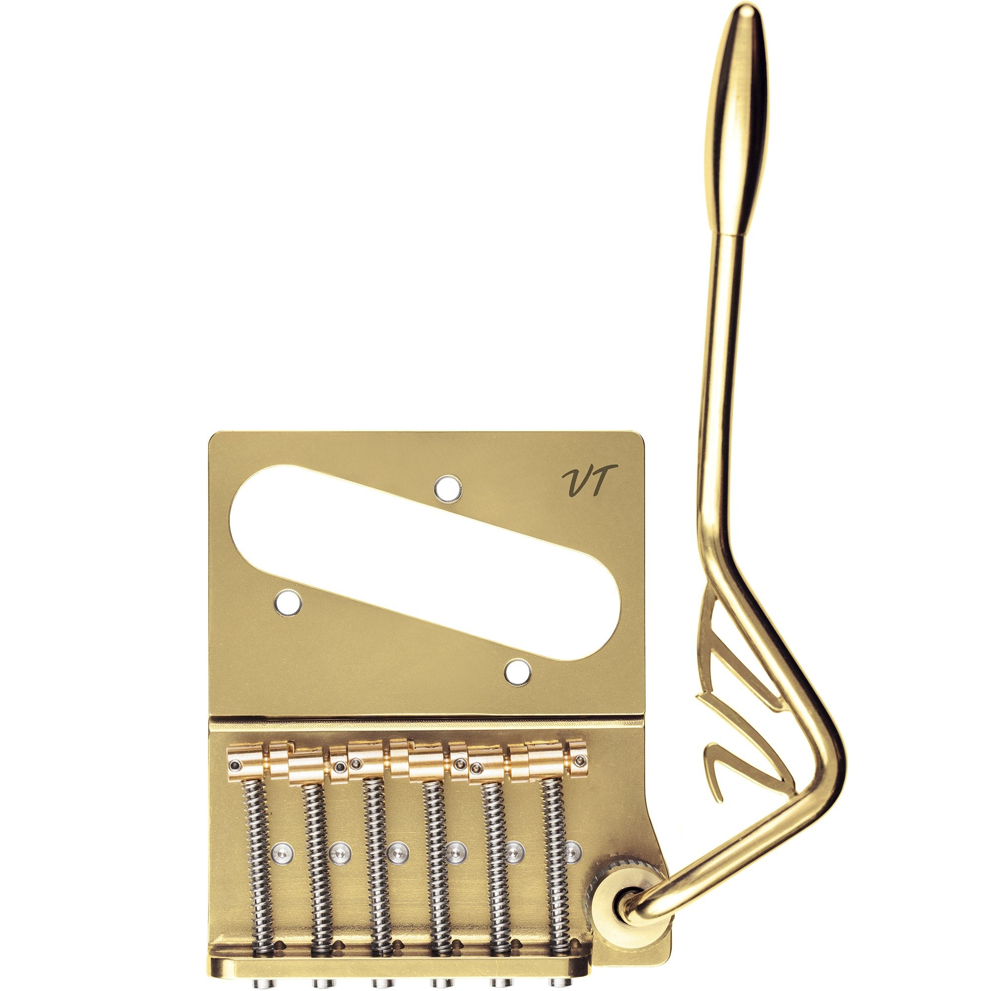 Vega-Trem VT2ND TeleTrem Modern Gold — No-Drill Tremolo for Telecaster-Style Guitars (Modern 66 mm Layout), Patented 3-Pair Independent Brass Saddles, Tension-Adjustable