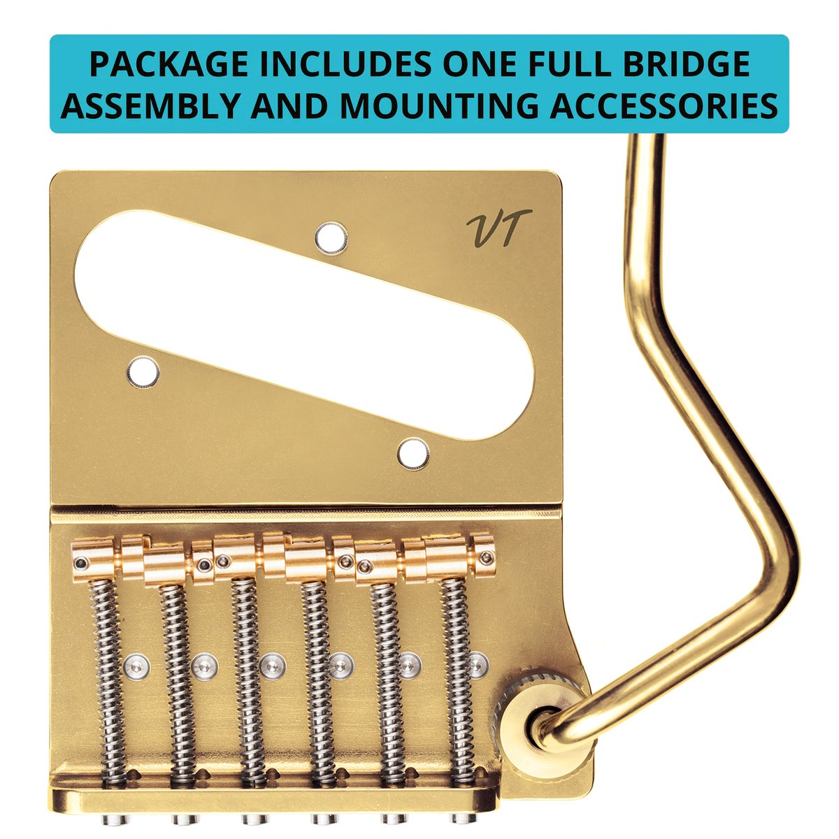 Vega-Trem VT2ND TeleTrem Modern Gold w/out Logo — No-Drill Tremolo for Telecaster-Style Guitars (Modern 66 mm Layout), Patented 3-Pair Independent Brass Saddles, Tension-Adjustable