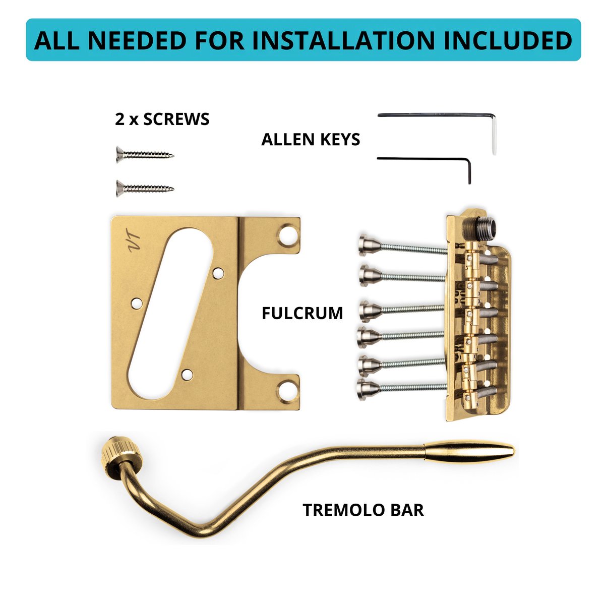 Vega-Trem VT2ND TeleTrem Classic Gold w/out Logo — No-Drill Tremolo for Telecaster-Style Guitars (Classic 71 mm Layout), Patented 3-Pair Independent Brass Saddles, Tension-Adjustable