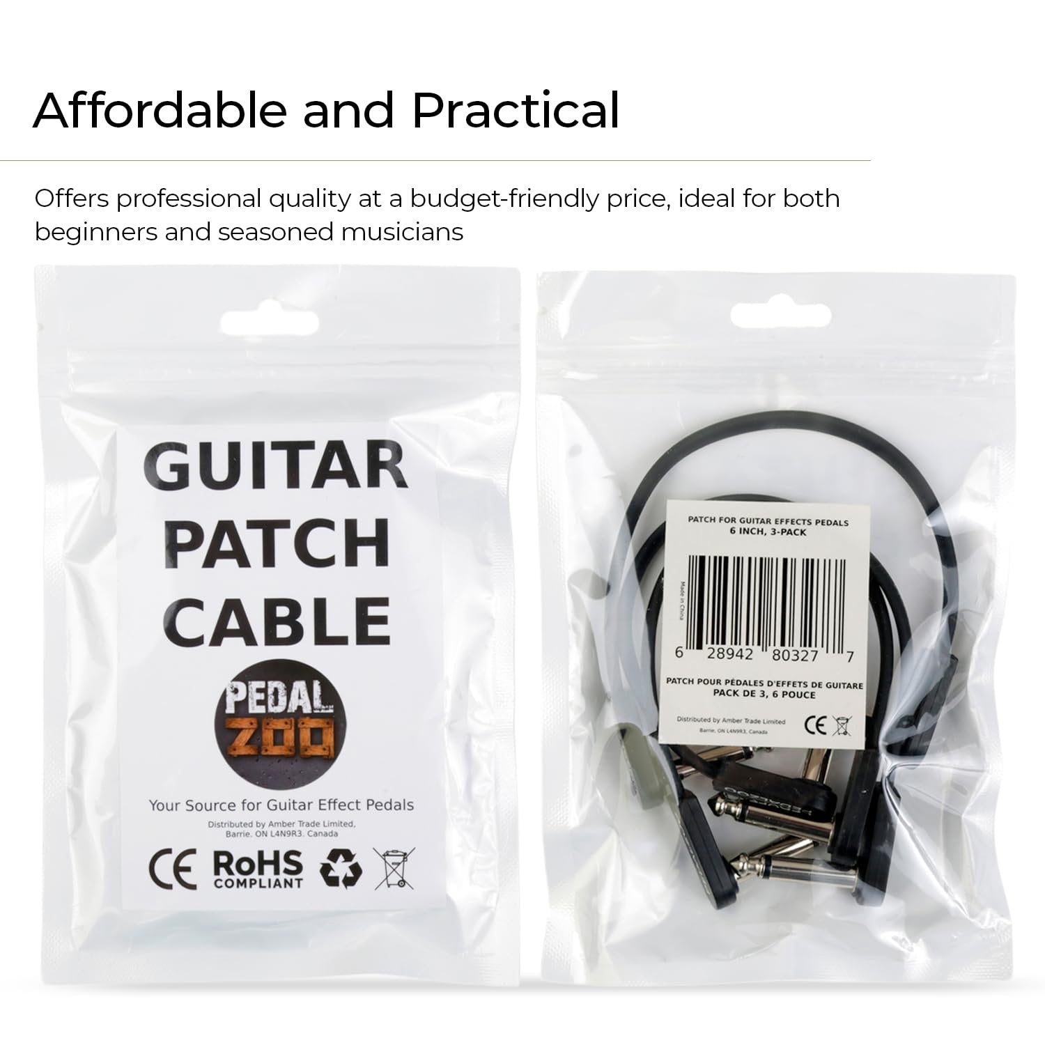 Pedalzoo Flat Patch Cable for Guitar Pedals, 6 Inch (3-Pack) – Low Noise Space-Saving Pedalboard Patch Cables with Angled Connectors, Oxygen-Free Copper, Dual Shielded Guitar Effects Cable