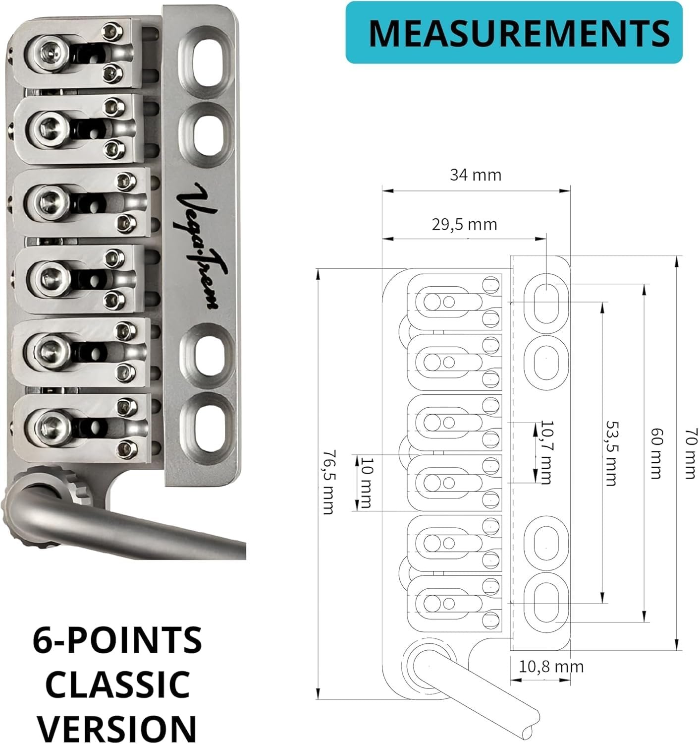 Vega-Trem VT1 Special Standard 6-Screw Stratocaster Guitar Tremolo Bridge For Strat No Mods Easy Installation (Satin, Right)
