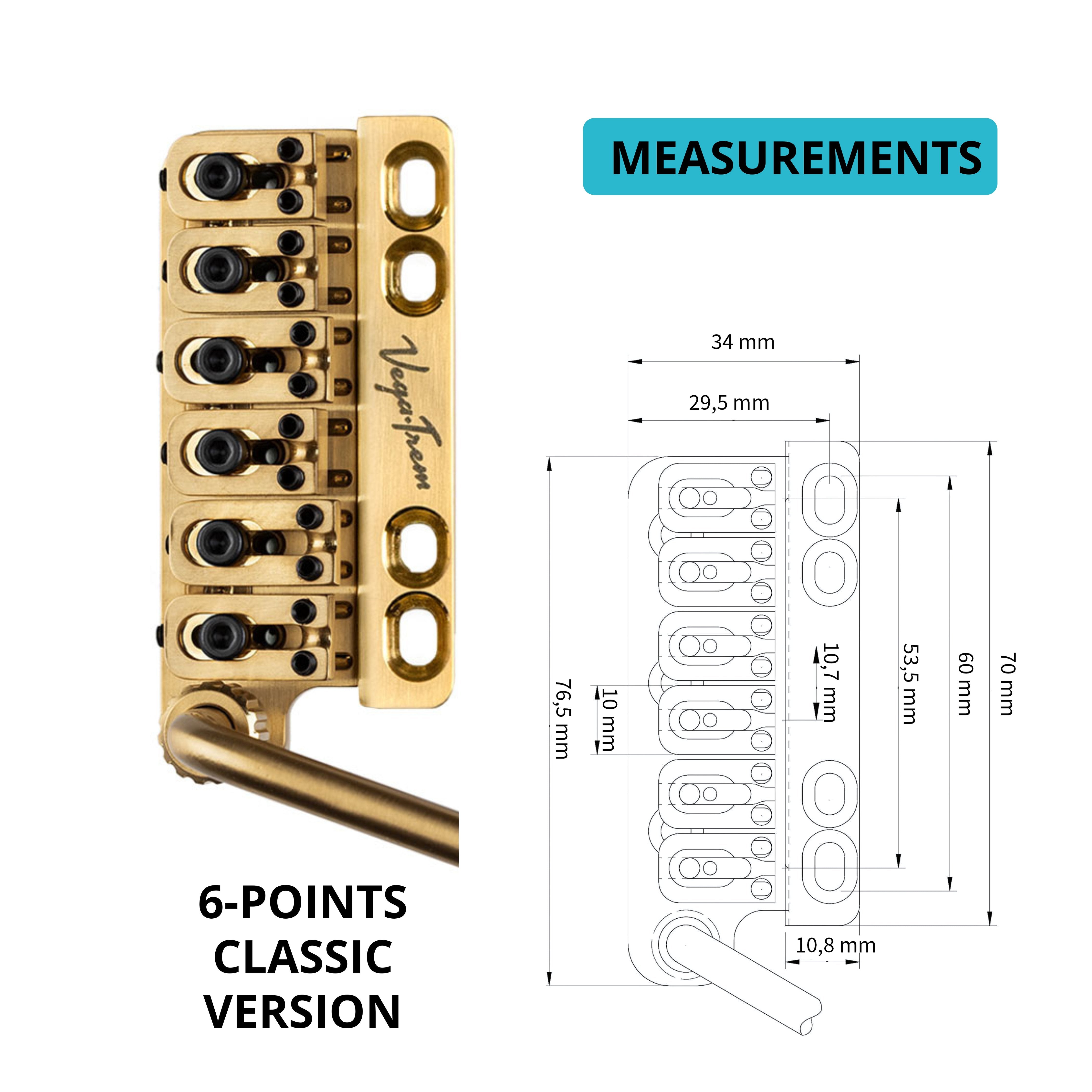 Vega-Trem VT1 Standard 6-Screw Gold Stratocaster Guitar Tremolo Bridge For Strat No Mods Easy Installation