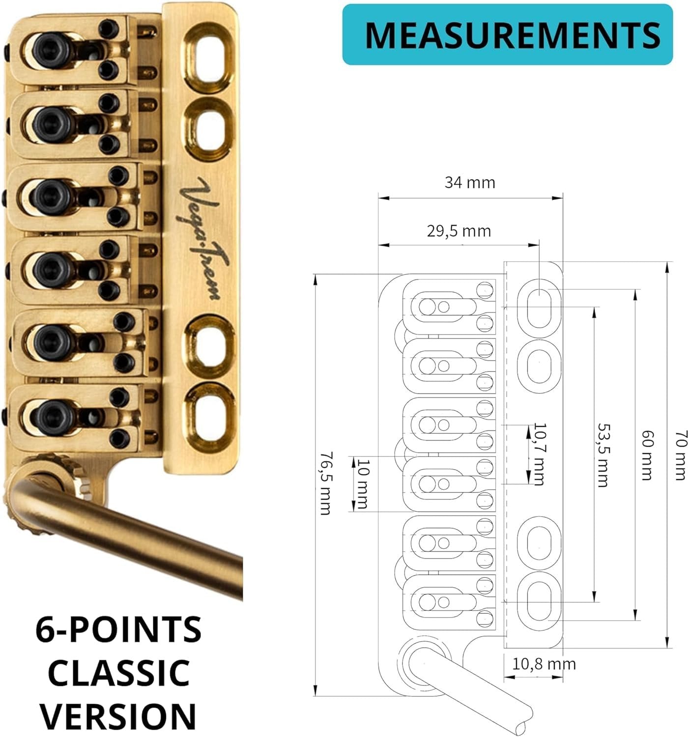 Vega-Trem VT1 Special Standard 6-Screw Stratocaster Guitar Tremolo Bridge For Strat No Mods Easy Installation (Gold, Right)