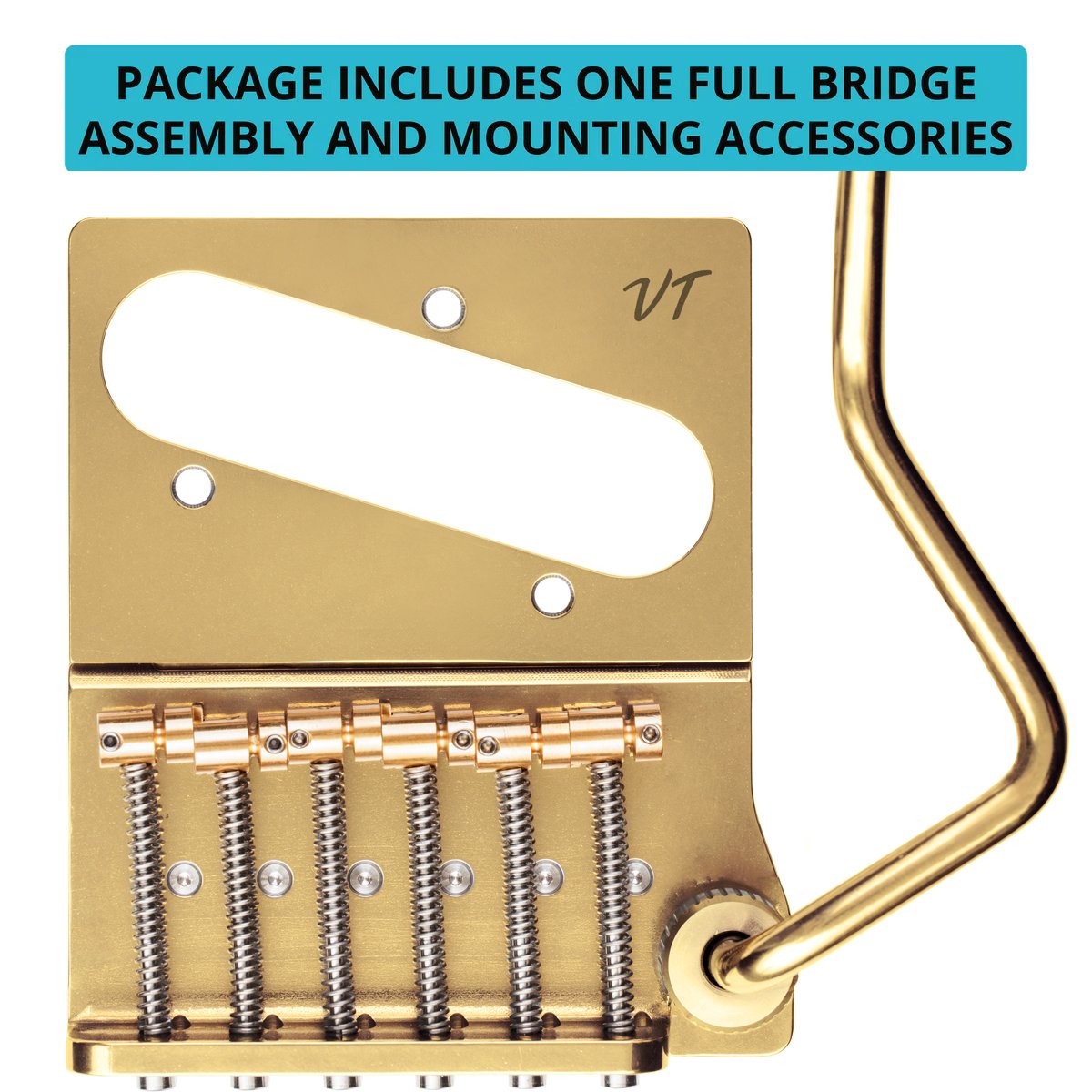 Vega-Trem VT2ND TeleTrem Classic Gold w/out Logo — No-Drill Tremolo for Telecaster-Style Guitars (Classic 71 mm Layout), Patented 3-Pair Independent Brass Saddles, Tension-Adjustable