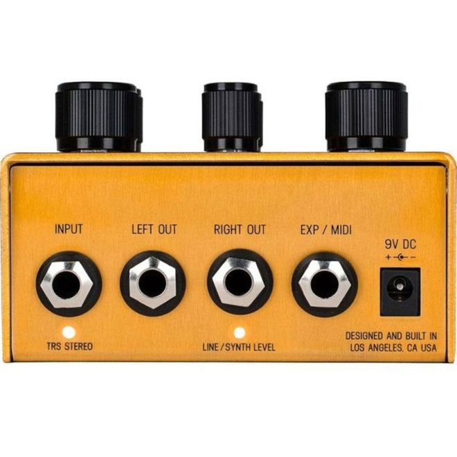 Meris Enzo synthesizer pedal rear panel showing input, stereo outputs, expression/MIDI jack, and power inlet