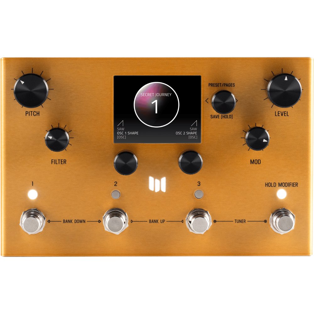 Meris Enzo X synthesizer pedal, straight-on front view showing the color display and control knobs