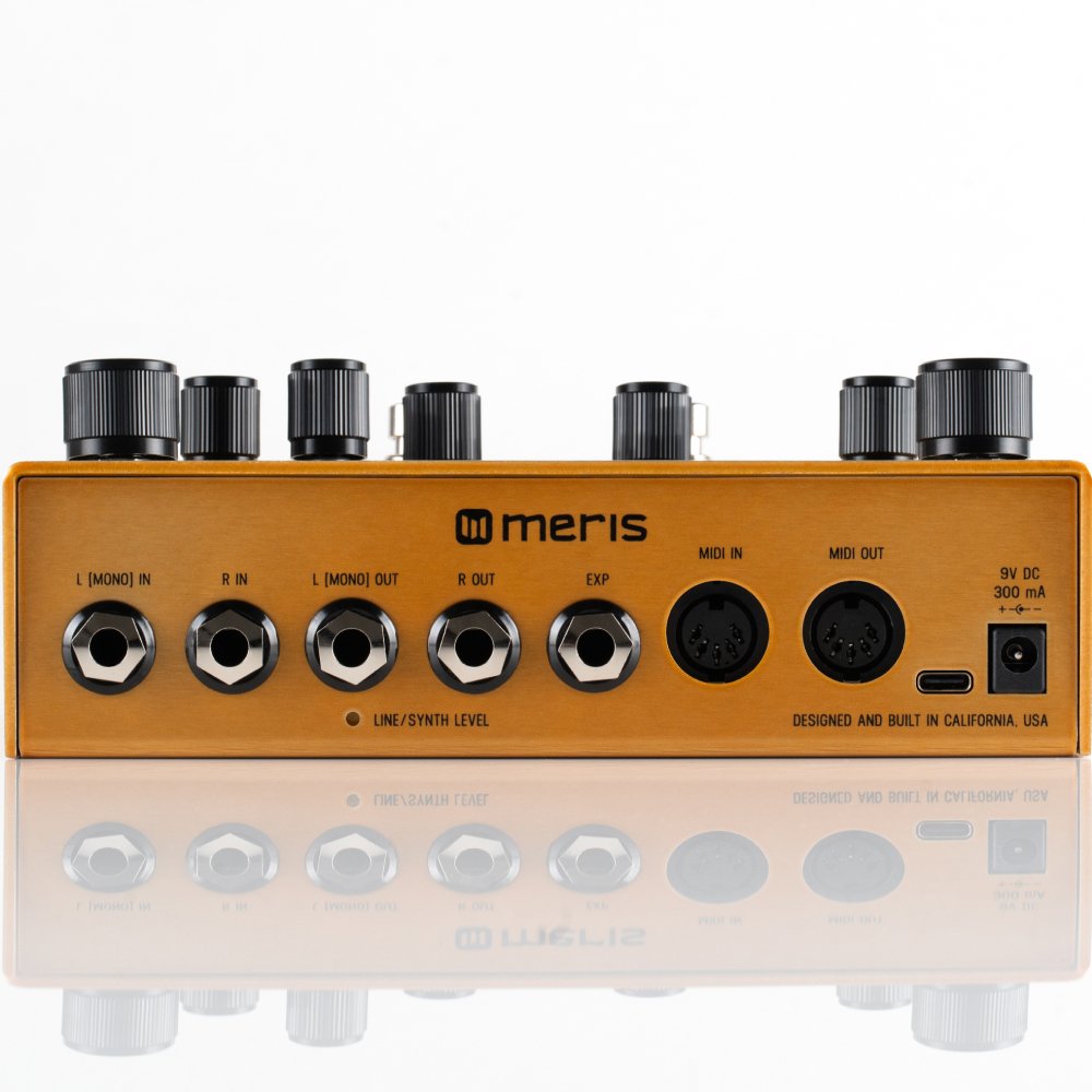 Meris Enzo X synthesizer pedal rear panel showing audio jacks, MIDI In/Out, and USB-C port