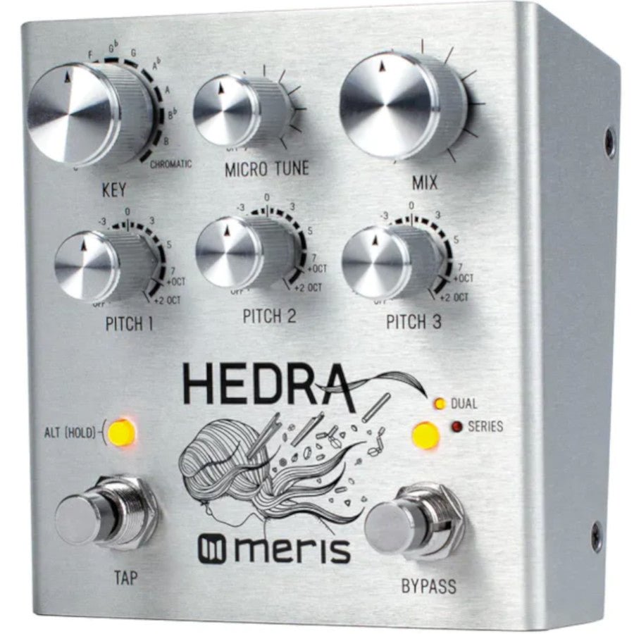 Meris Hedra rhythmic pitch shifter pedal viewed from an angled front perspective showing the top panel controls