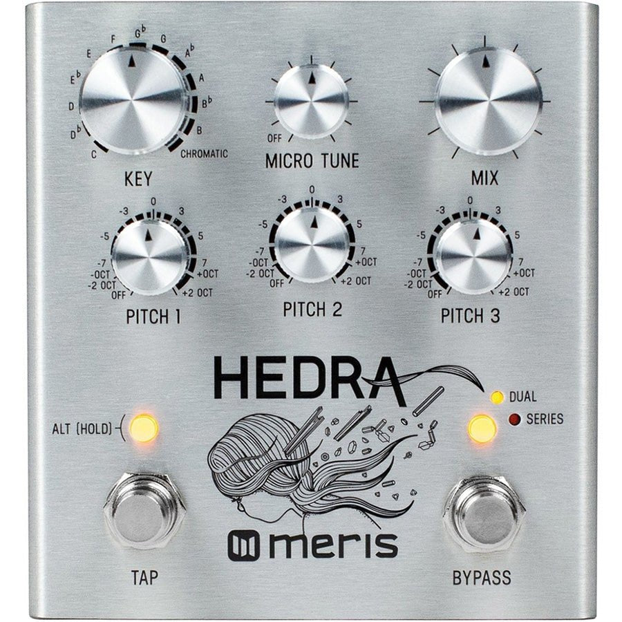 Meris Hedra rhythmic pitch shifter pedal, straight-on front view showing all six knobs and footswitches