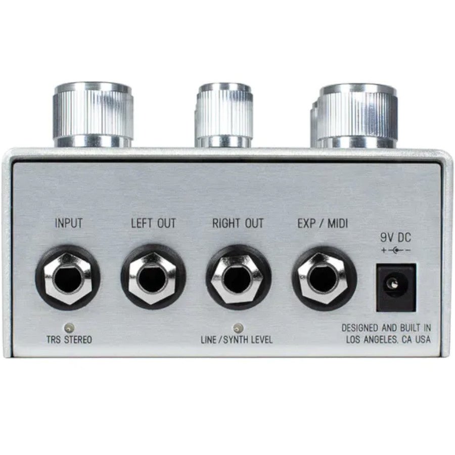 Meris Hedra rhythmic pitch shifter pedal rear panel showing input, stereo outputs, and expression/MIDI jack