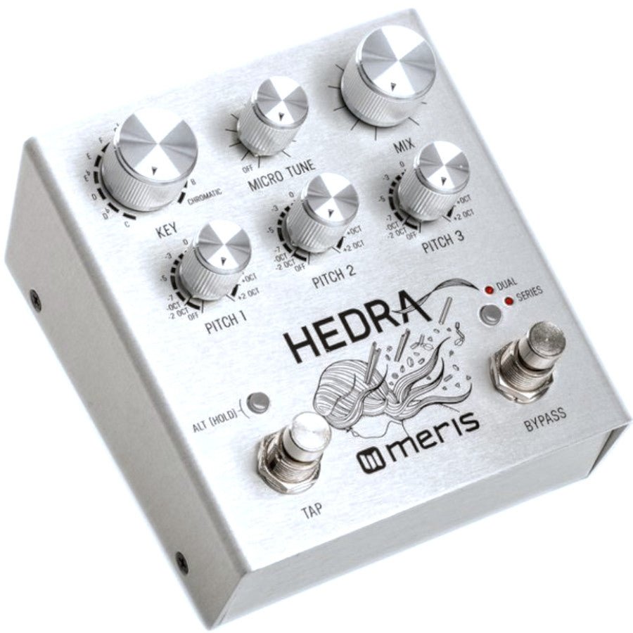 Meris Hedra rhythmic pitch shifter pedal in a three-quarter overhead view of the control layout