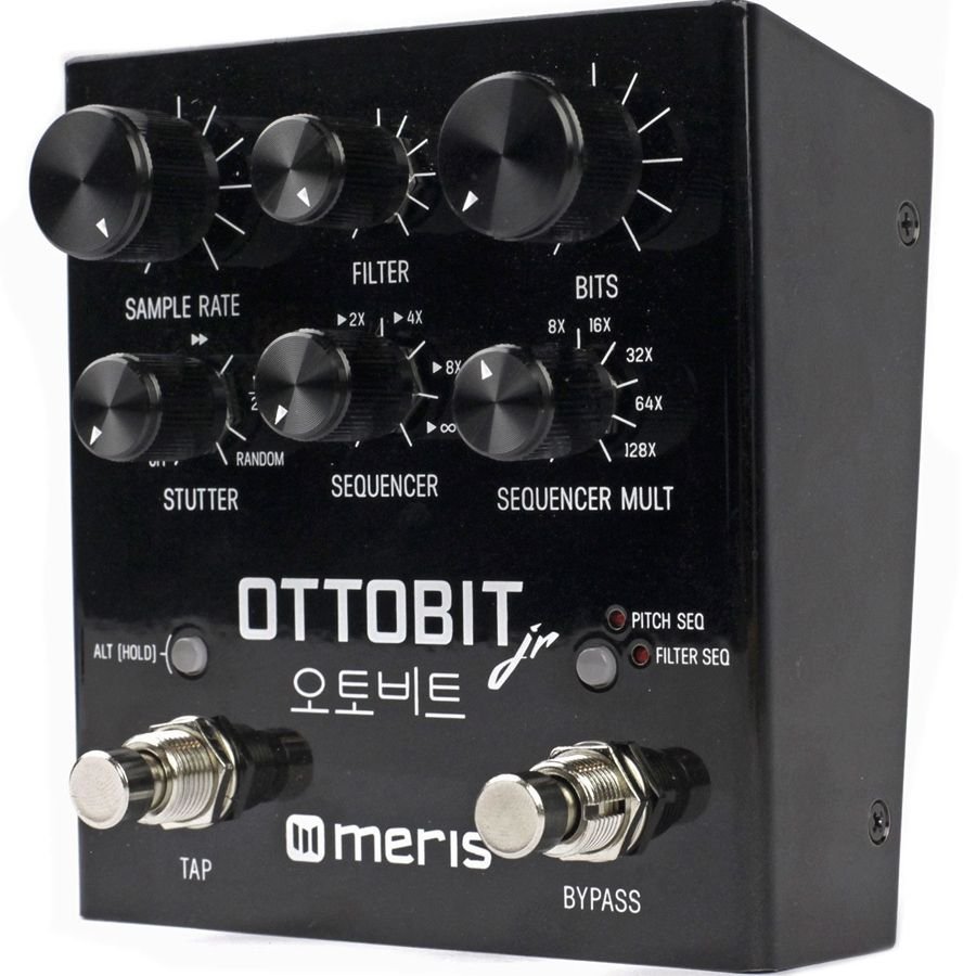Meris Ottobit Jr. bitcrusher pedal viewed from an angled front perspective showing the top panel controls