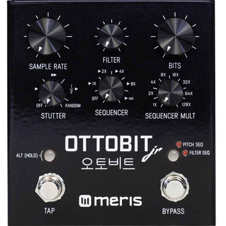 Meris Ottobit Jr. bitcrusher pedal, straight-on front view showing all six control knobs and footswitches