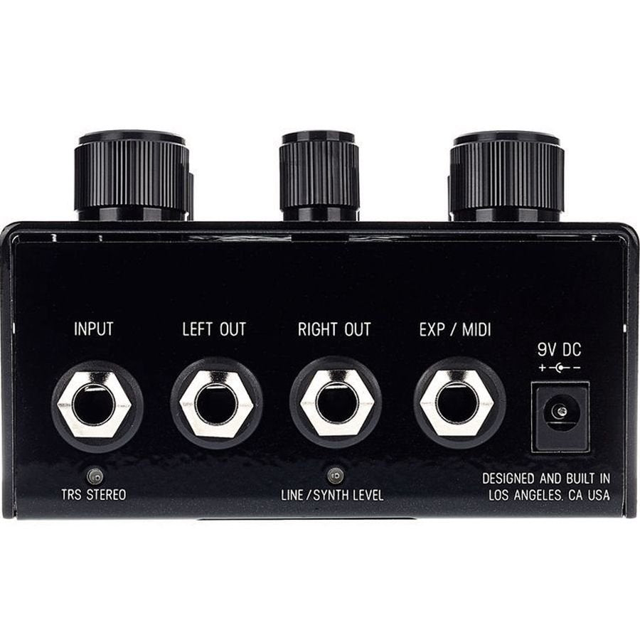 Meris Ottobit Jr. bitcrusher pedal rear panel showing input, stereo outputs, and expression/MIDI jack