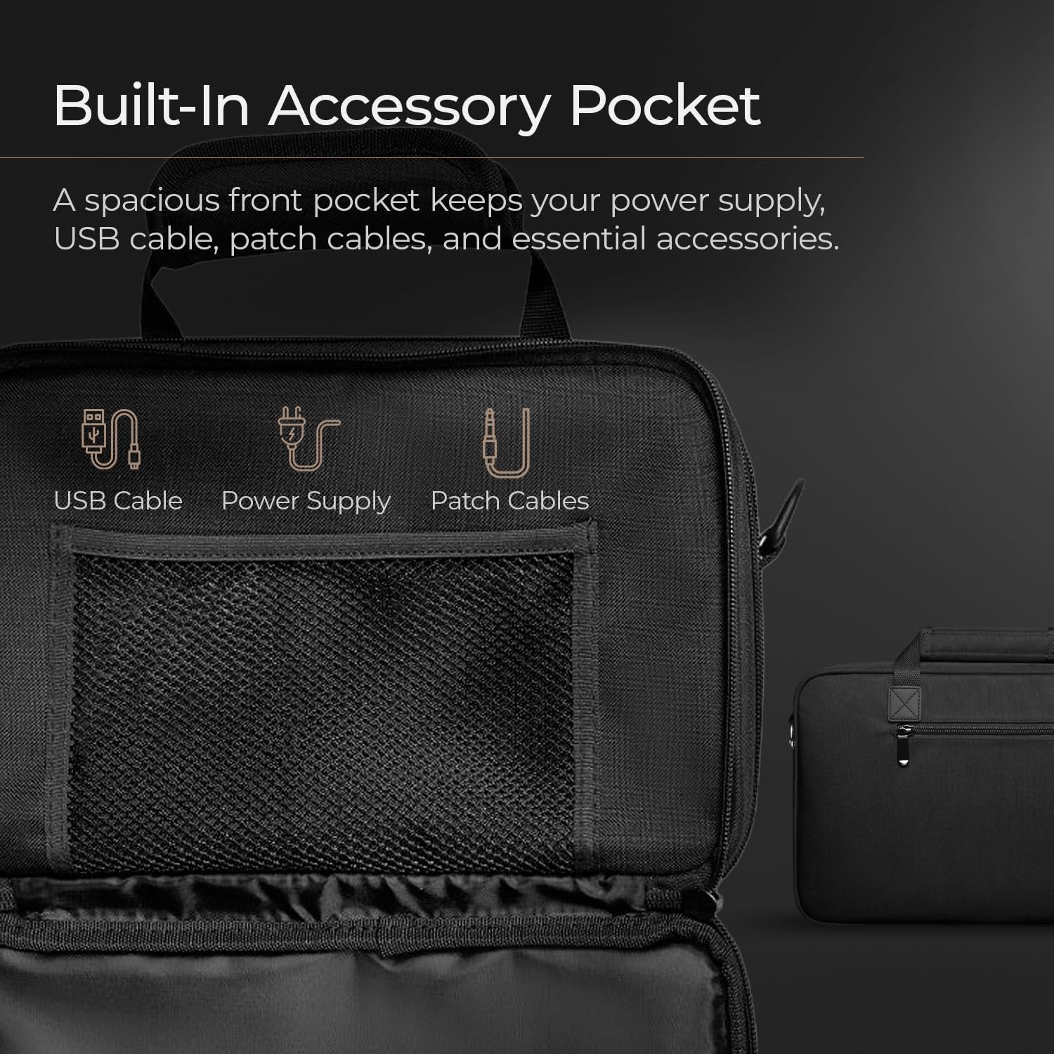 Infographic showing the Pedalzoo carry bag's front accessory pocket for cables
