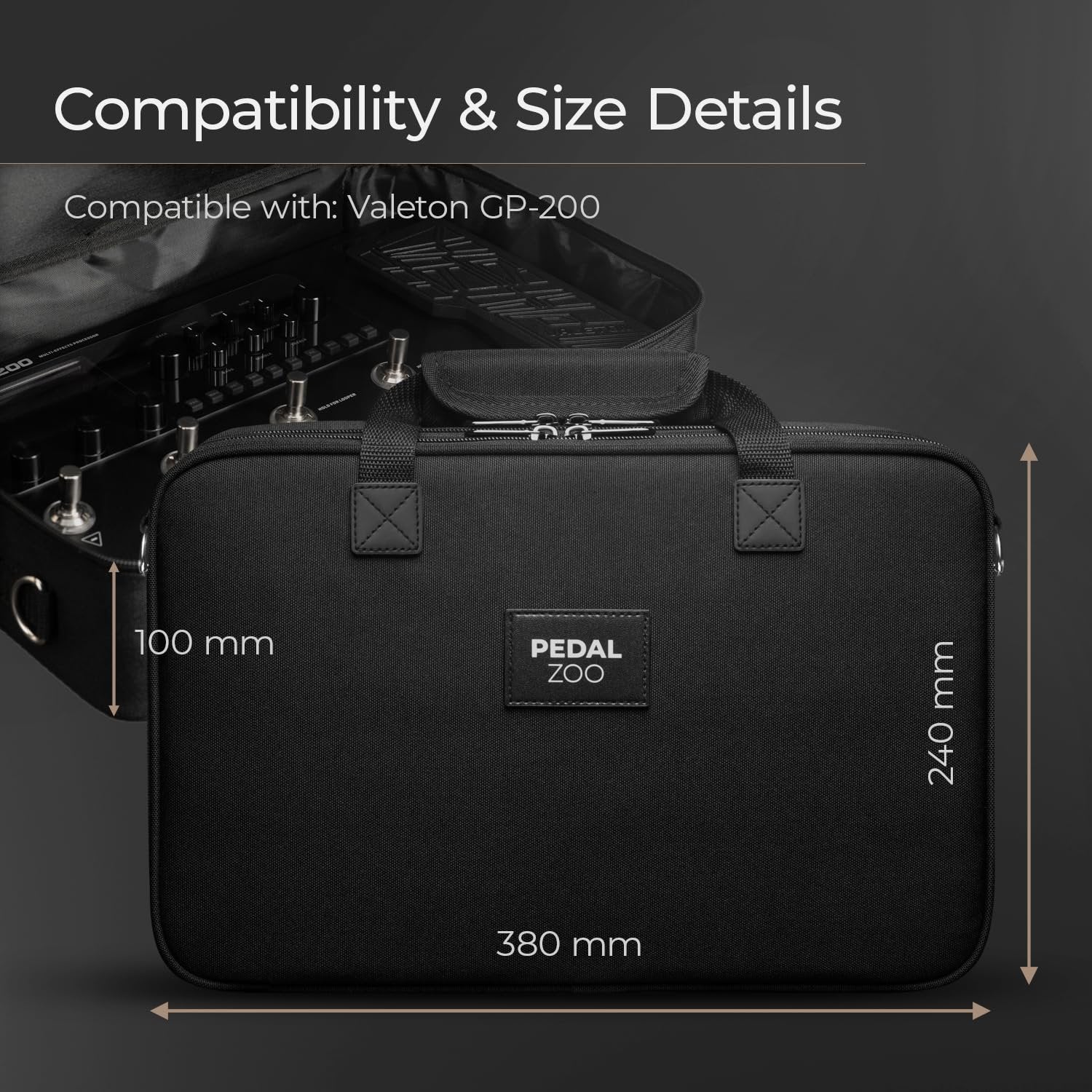 Infographic showing Pedalzoo carry bag dimensions: 380mm x 240mm x 100mm, compatible with Valeton GP-200