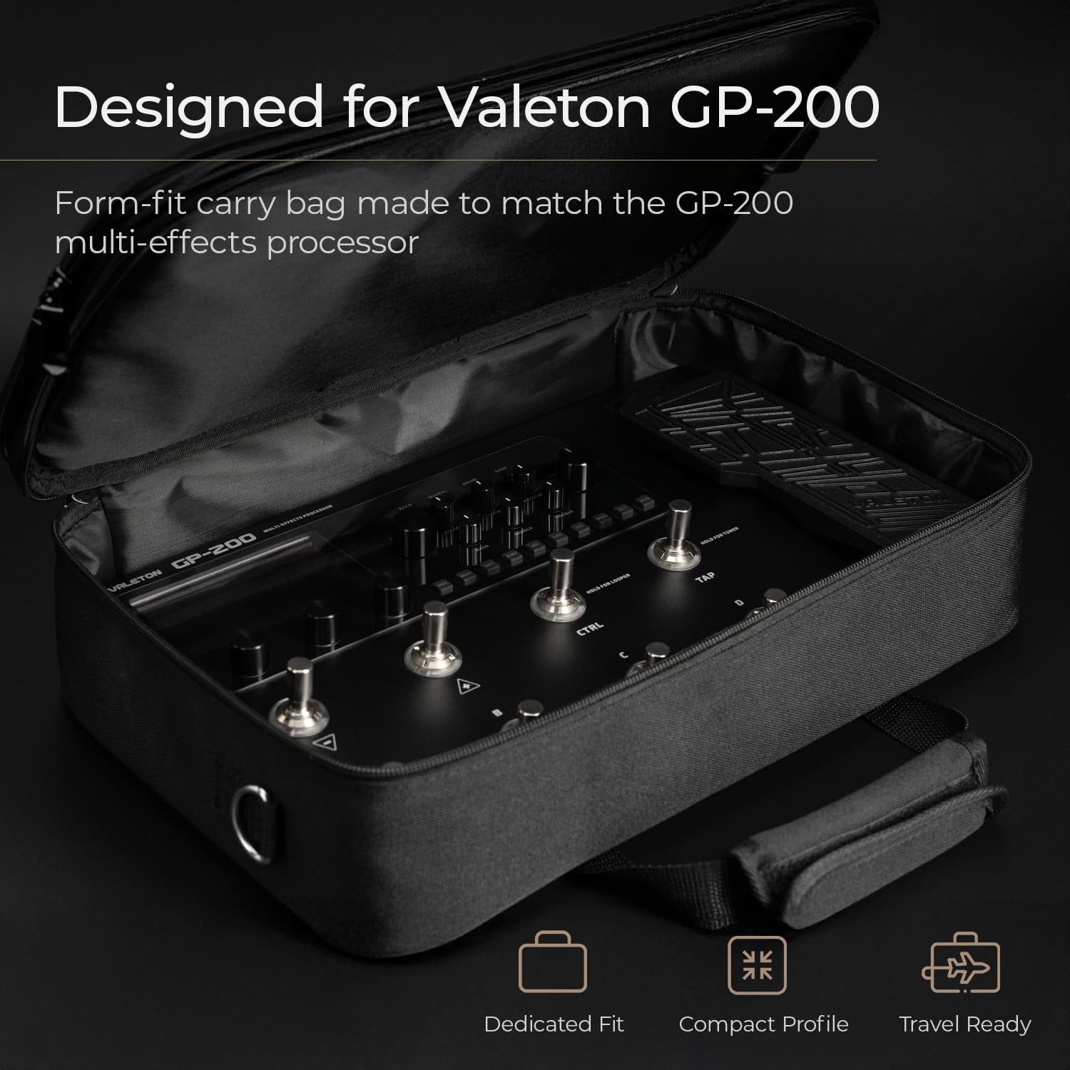 Infographic showing the Pedalzoo carry bag opened with a Valeton GP-200 processor inside