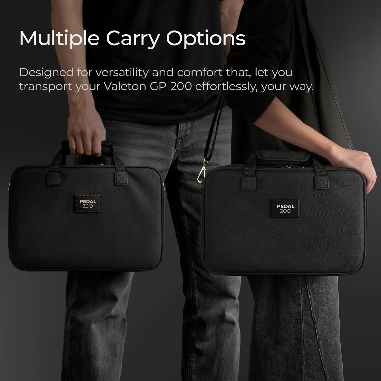 Infographic showing the Pedalzoo carry bag being carried by handle and shoulder strap