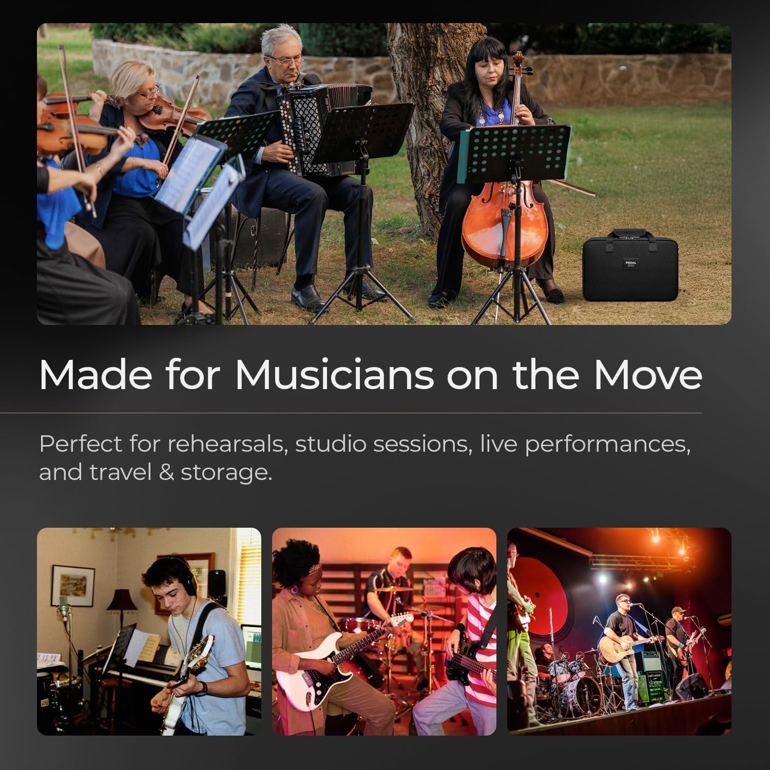 Infographic showing musicians on the move with the Pedalzoo carry bag inset