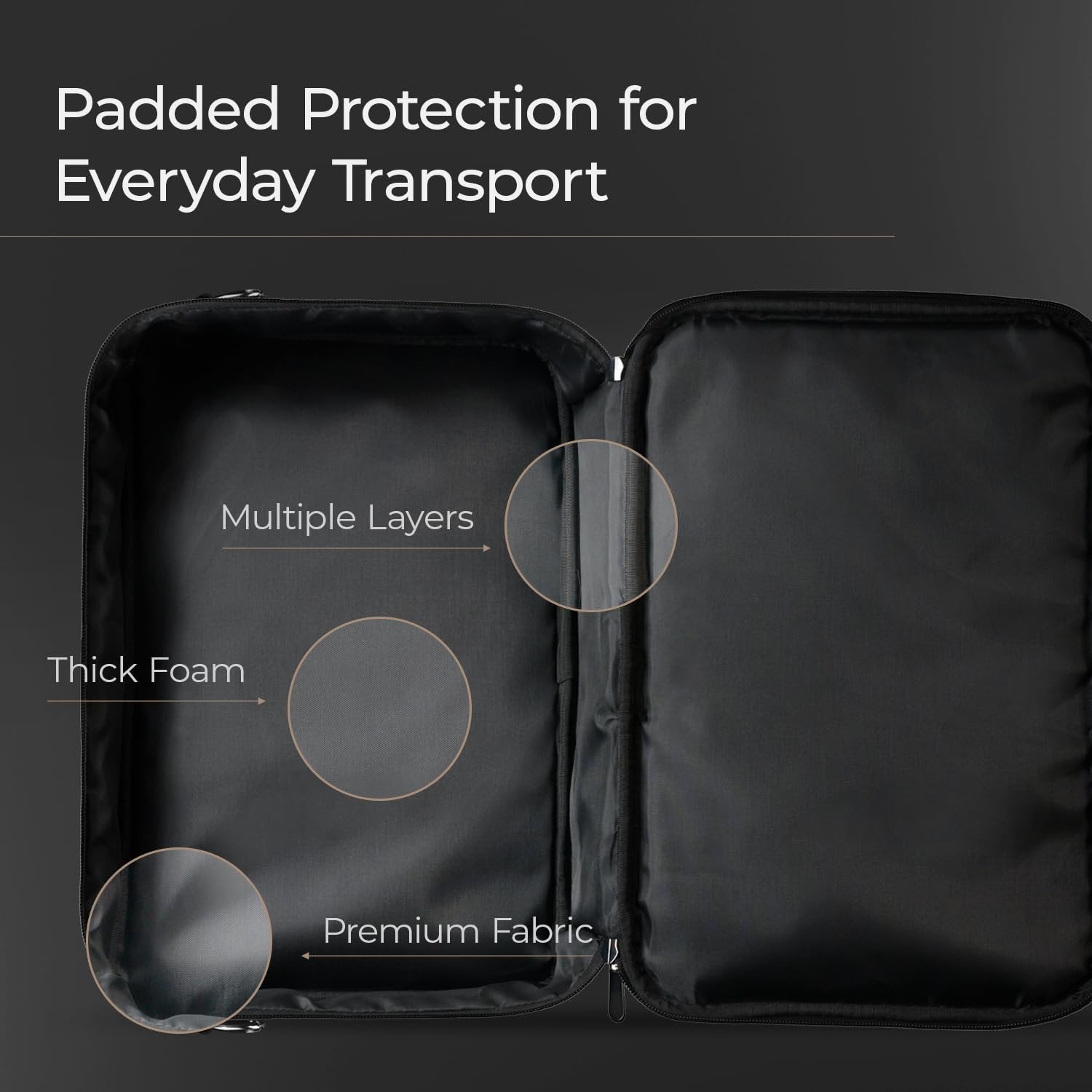 Infographic showing the Pedalzoo carry bag's padded interior with foam and fabric callouts
