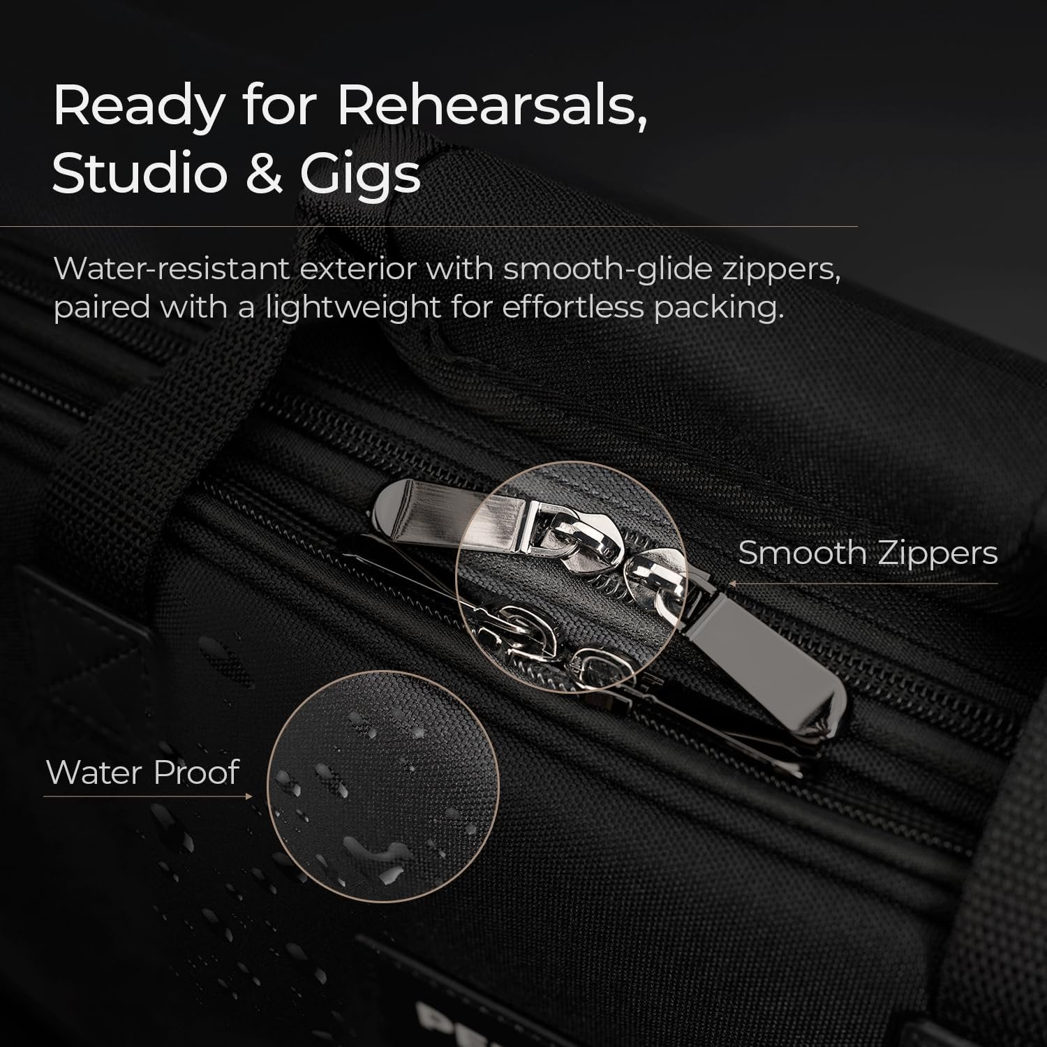 Infographic showing the Pedalzoo carry bag's water-resistant smooth-glide zipper