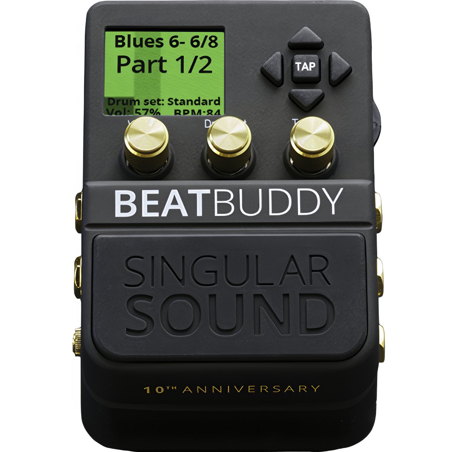 Singular Sound BeatBuddy 10th Anniversary Edition packaging shot with included power supply and SD card
