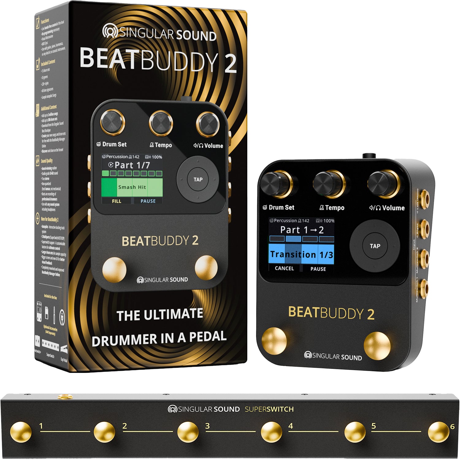 Singular Sound BeatBuddy 2 + SuperSwitch Bundle packaging and both units