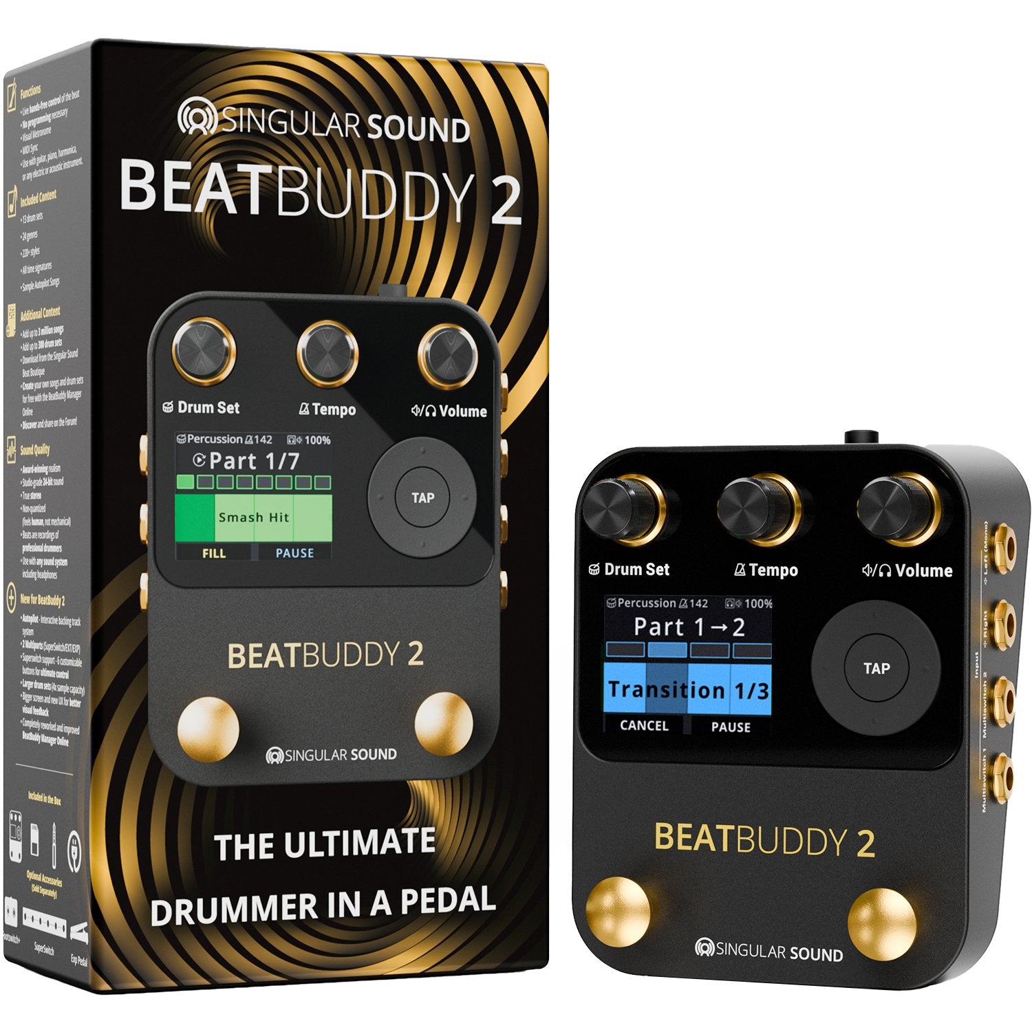 Singular Sound BeatBuddy 2 side view showing 1/4-inch inputs, outputs and 5-pin MIDI jacks