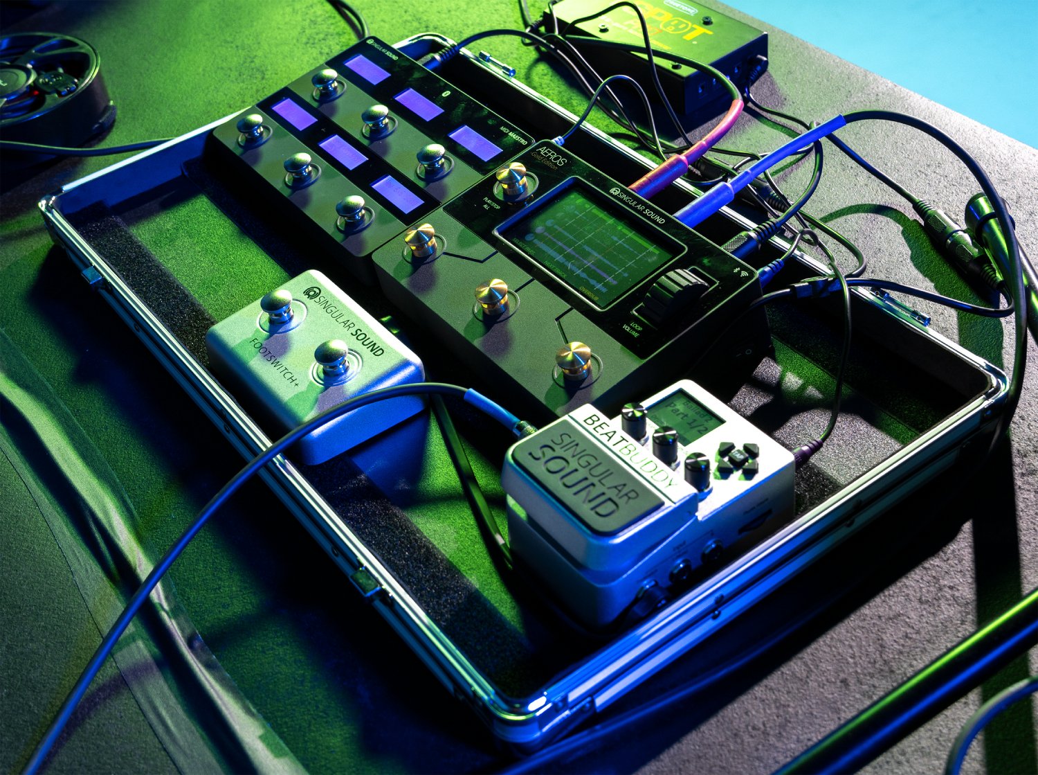 Singular Sound Footswitch+ on a pedalboard alongside a BeatBuddy