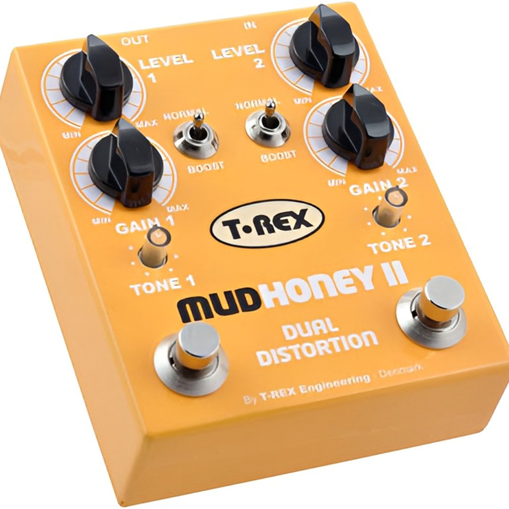 T-Rex Mudhoney 2 dual-channel distortion pedal — top panel controls
