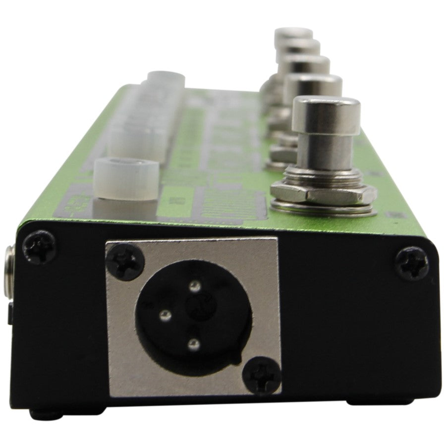 Close-up of Valeton Dapper Bass strip end panel with XLR and input jacks