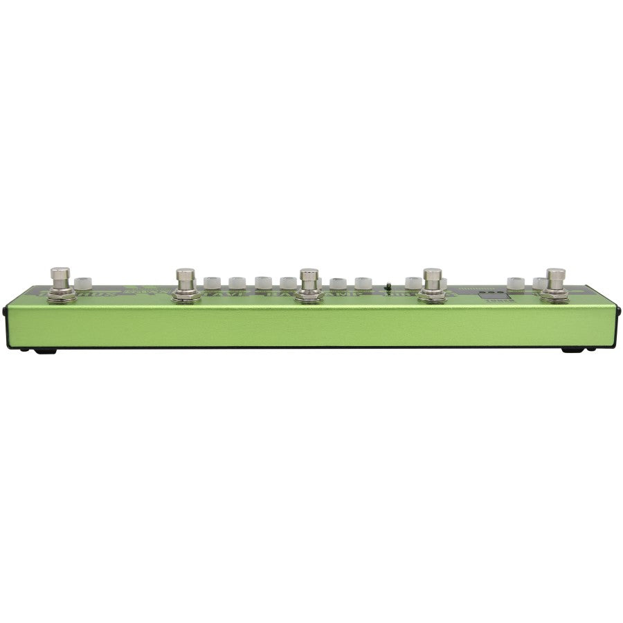 Side view of Valeton Dapper Bass effects strip showing control knobs and footswitches