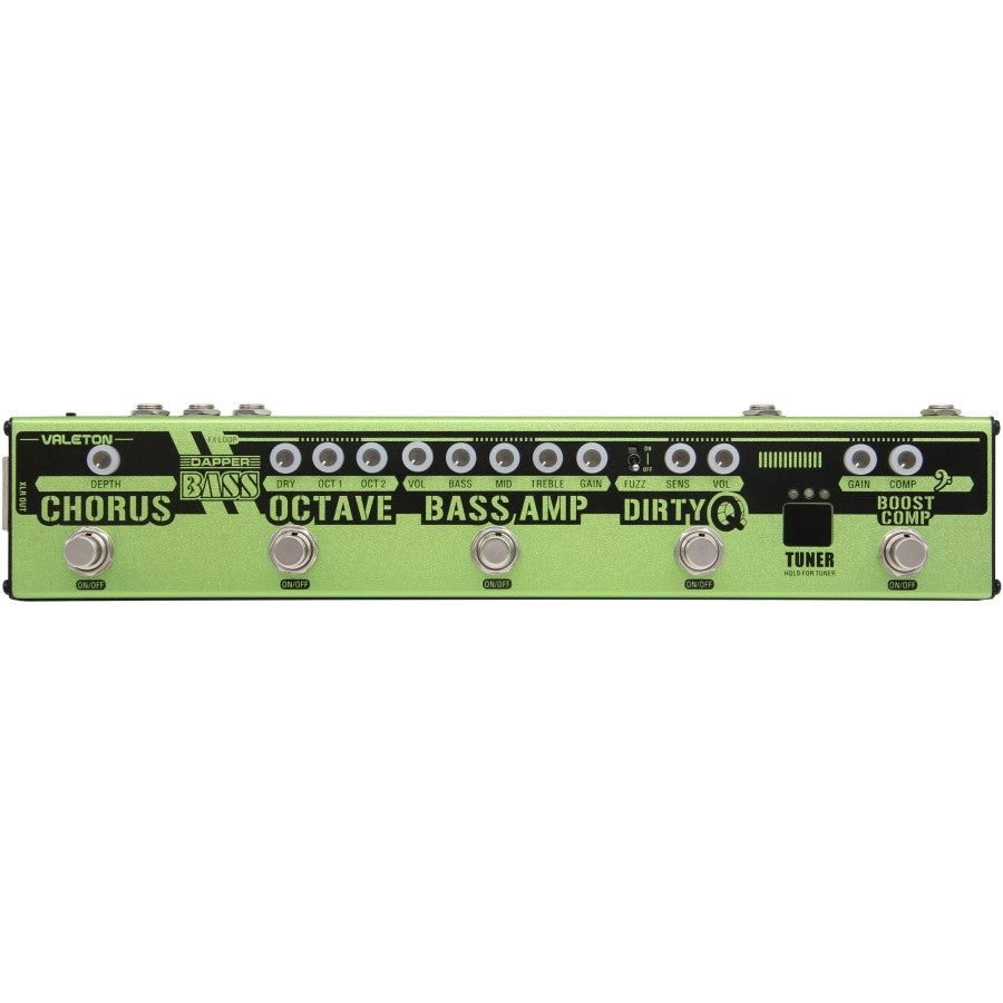 Valeton Dapper Bass green effects strip, top view with Chorus, Octave, Bass Amp and Dirty controls